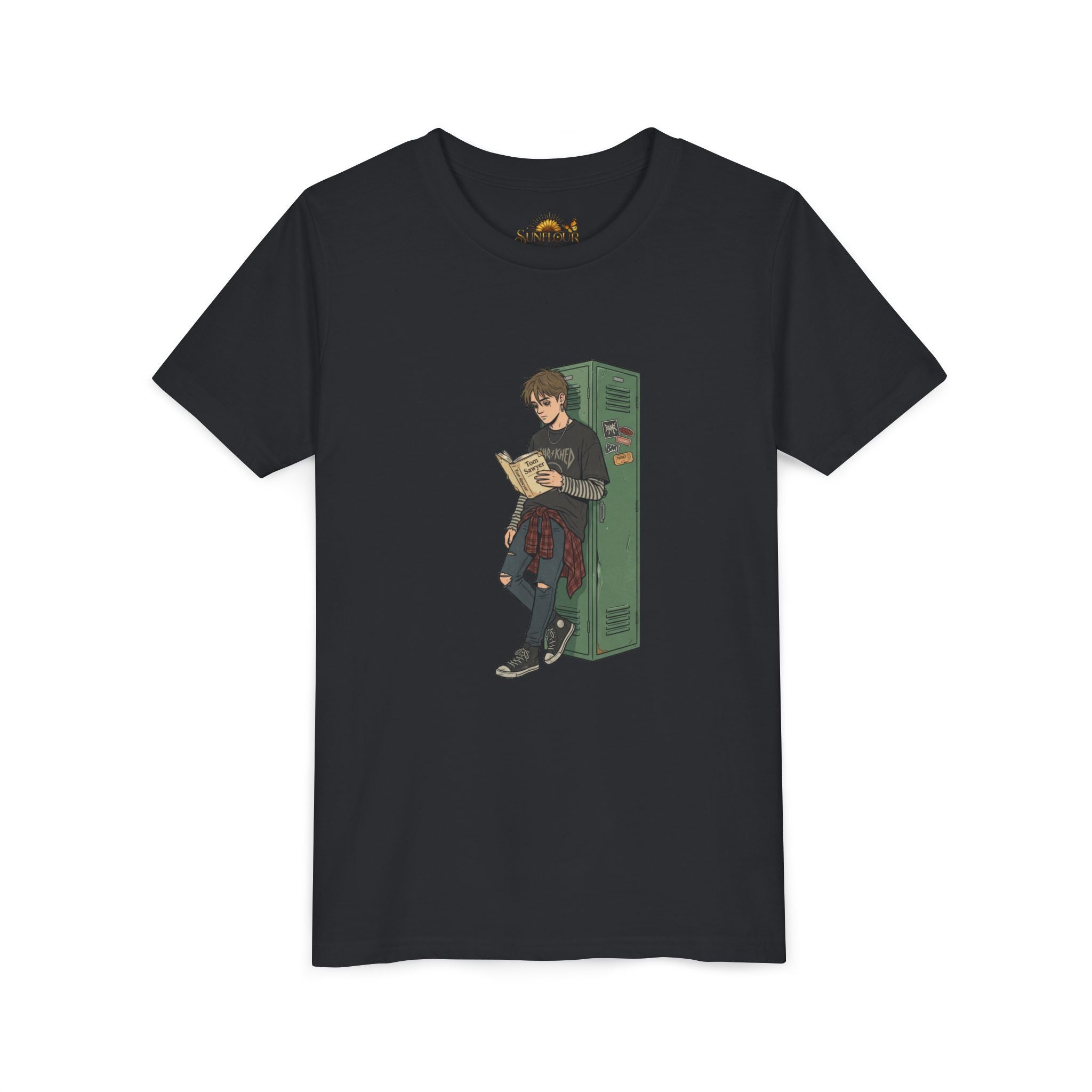 Youth Graphic Tee — Teen Boy Reading by Locker Illustration