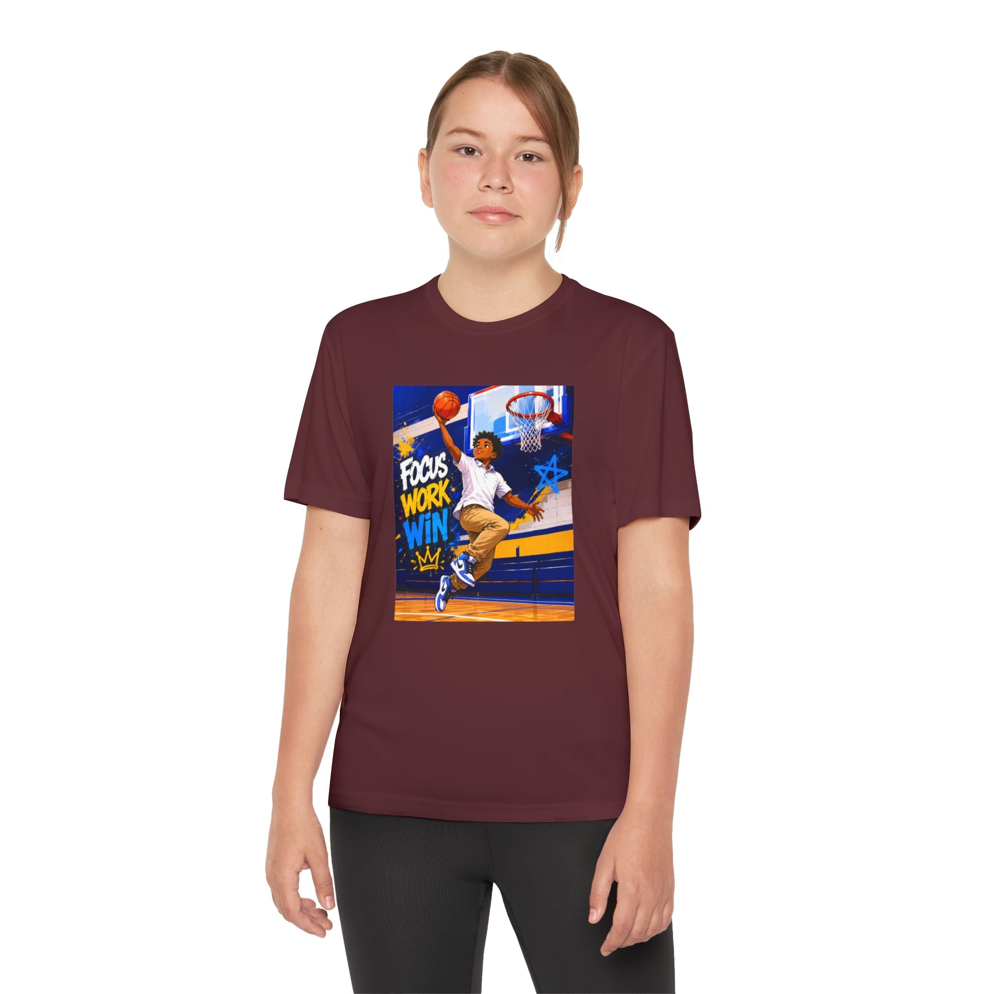 Youth Basketball Tee, Back to School — "Focus Work Win" Personalized Name Jersey