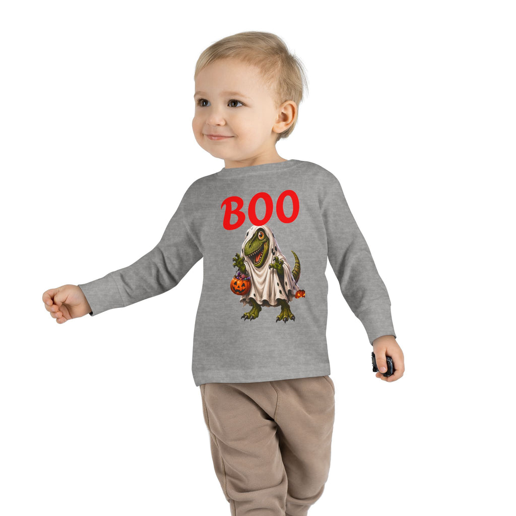 Halloween Toddler Long Sleeve Tee — Cute Dinosaur Ghost "BOO!" Halloween Shirt