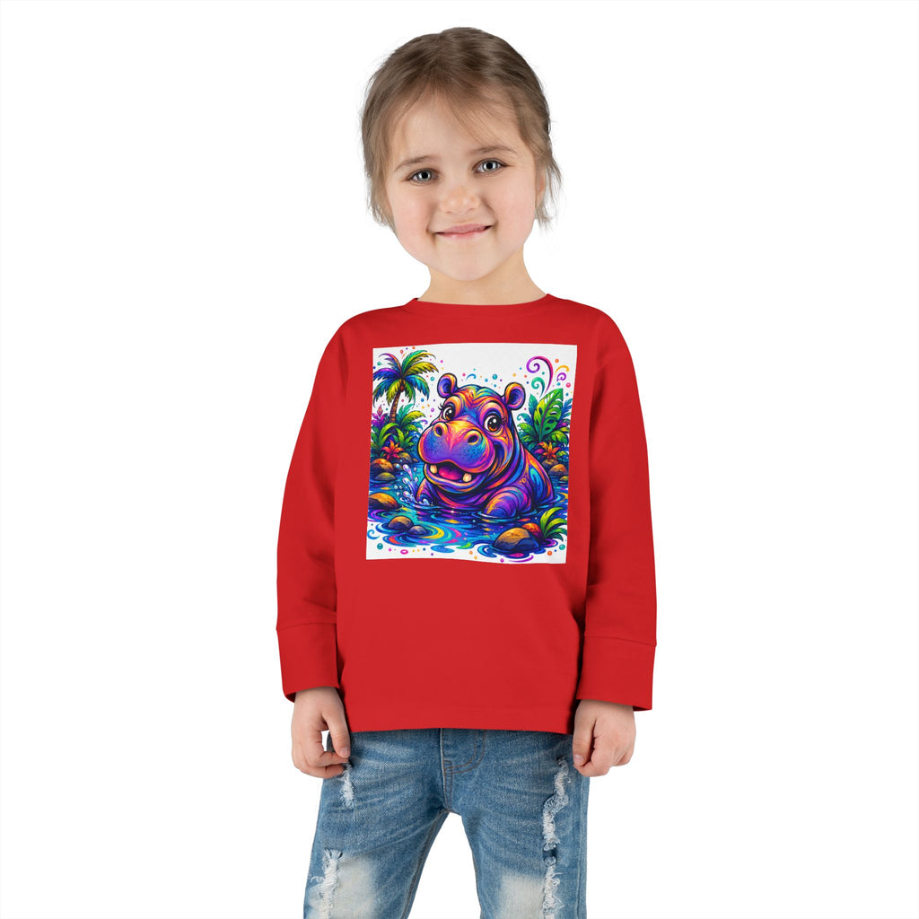 Colorful Hippo Toddler Long Sleeve Tee — Vibrant Jungle Animal Shirt for Kids