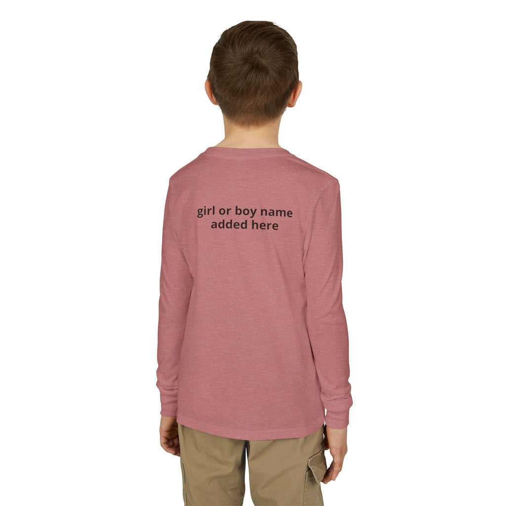 Youth Long Sleeve Tee — Spooky Dinosaur Jack-O'-Lantern Halloween Shirt (Custom Name)