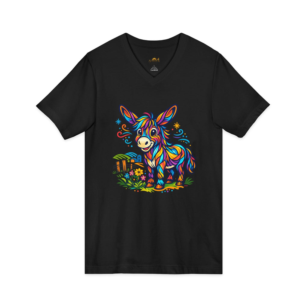 Colorful Donkey V-Neck Tee — Whimsical Farm Animal Graphic Shirt