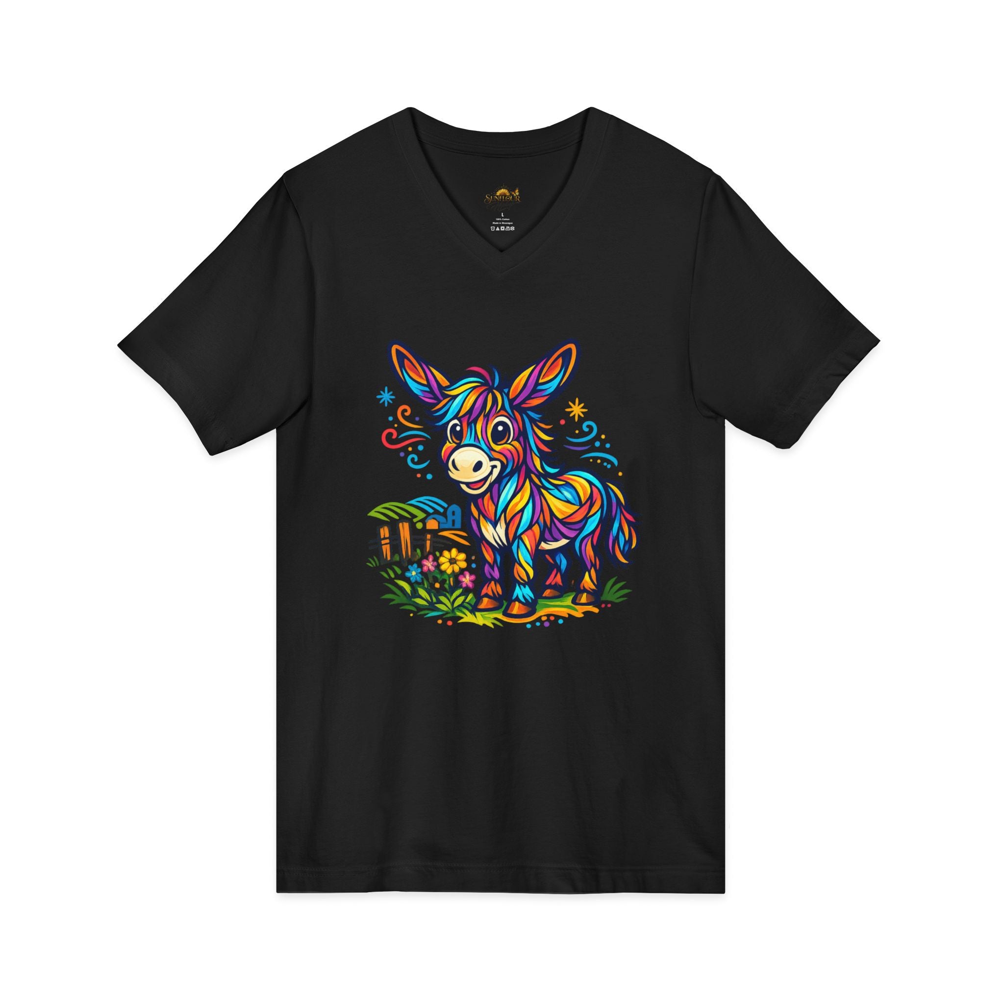 Colorful Donkey V-Neck Tee — Whimsical Farm Animal Graphic Shirt