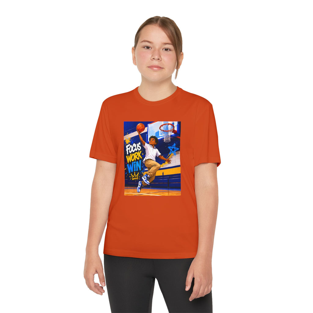 Youth Basketball Tee, Back to School — "Focus Work Win" Personalized Name Jersey