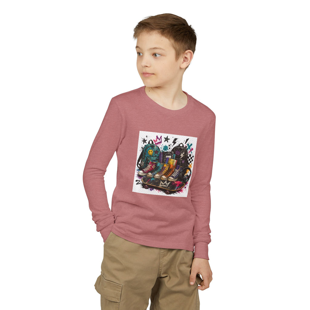 Youth Long Sleeve Tee — Colorful Skateboard & Sneakers Graphic