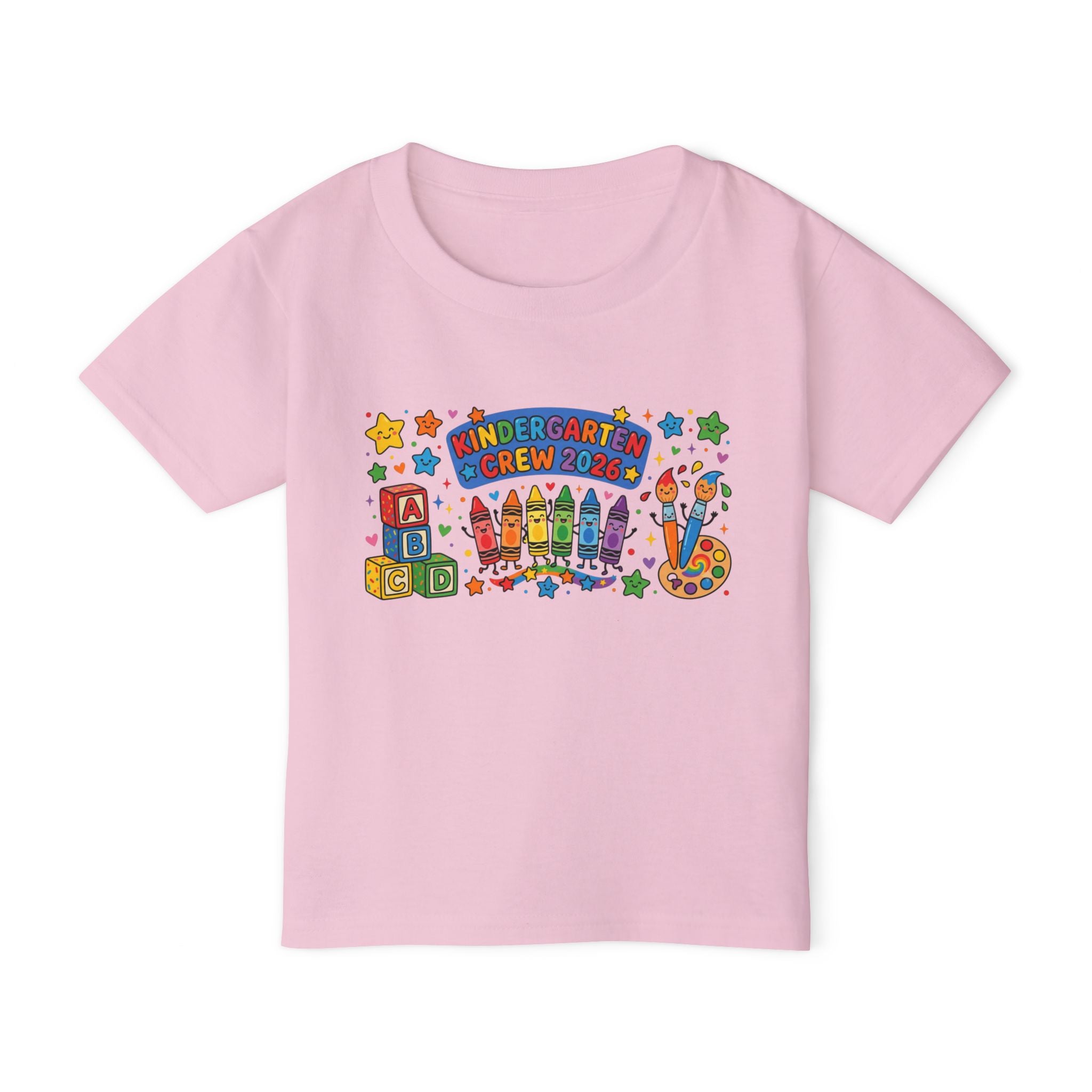 Toddler T-Shirt — "Kindergarten Crew 2026" Colorful Crayons & Blocks Back-to-School Tee