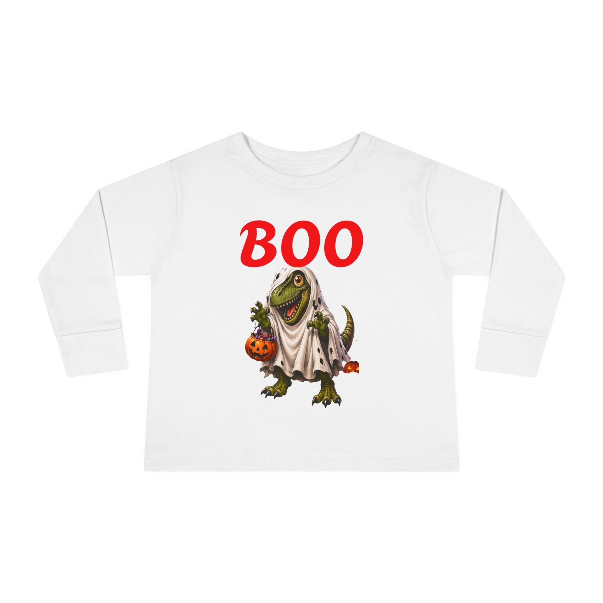 Halloween Toddler Long Sleeve Tee — Cute Dinosaur Ghost "BOO!" Halloween Shirt