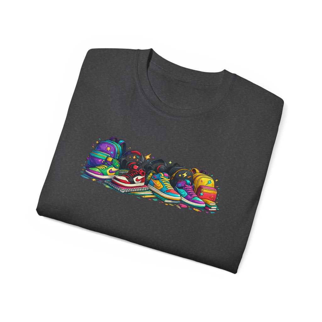 Colorful Sneaker Stack Tee — Graphic Shoe & Backpack Illustration T‑Shirt
