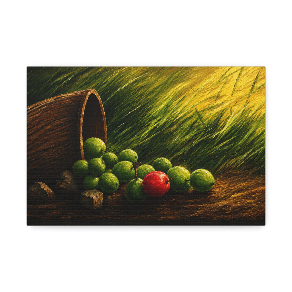 Still Life Canvas Print – Rustic Fallen Basket with Green and Red Fruit, Stretched 1.5"