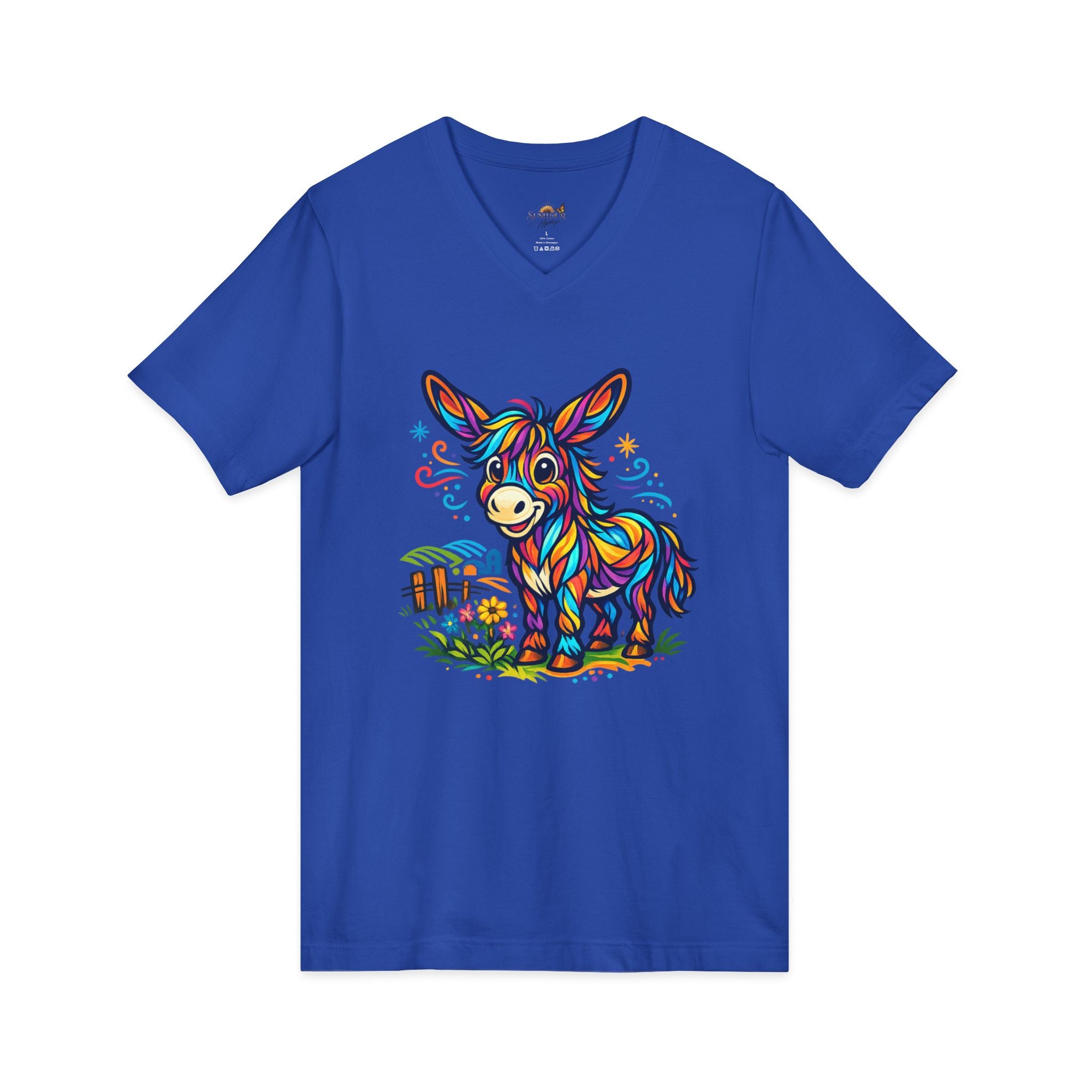 Colorful Donkey V-Neck Tee — Whimsical Farm Animal Graphic Shirt