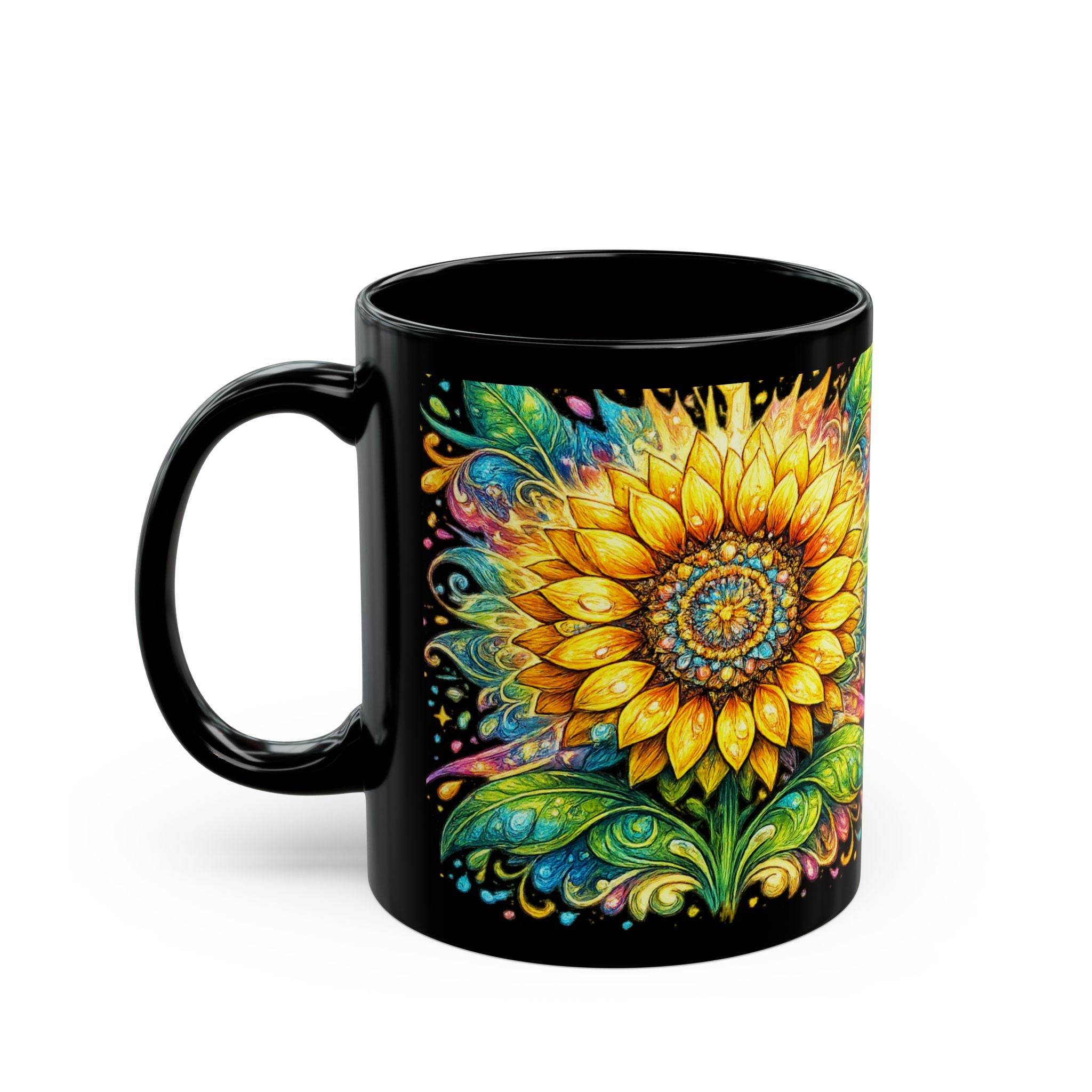 Sunflower Mandala Black Mug — Vibrant Floral Coffee Cup (11oz & 15oz)