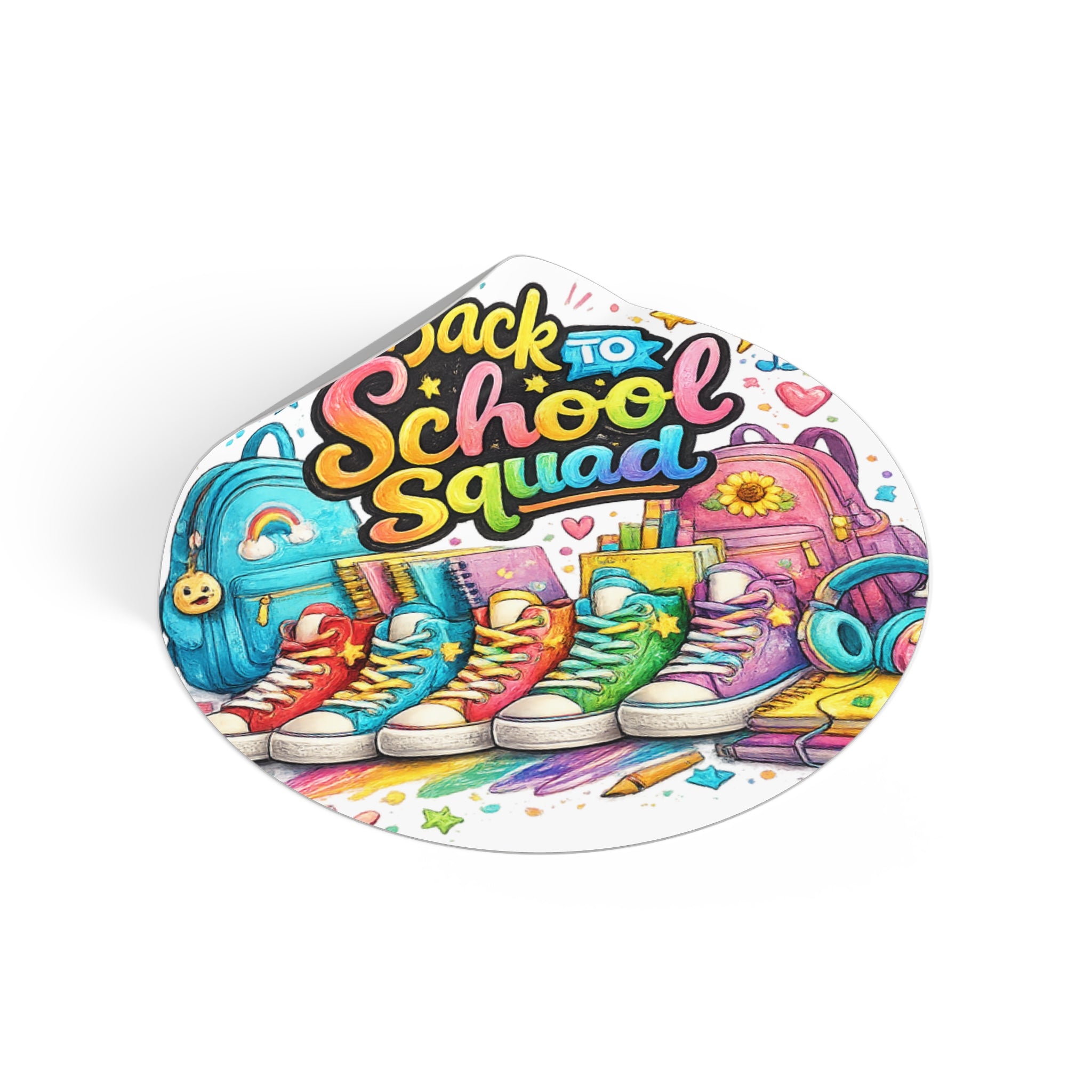 Teacher Back to School Squad Round Vinyl Sticker — Colorful Sneakers & Backpacks