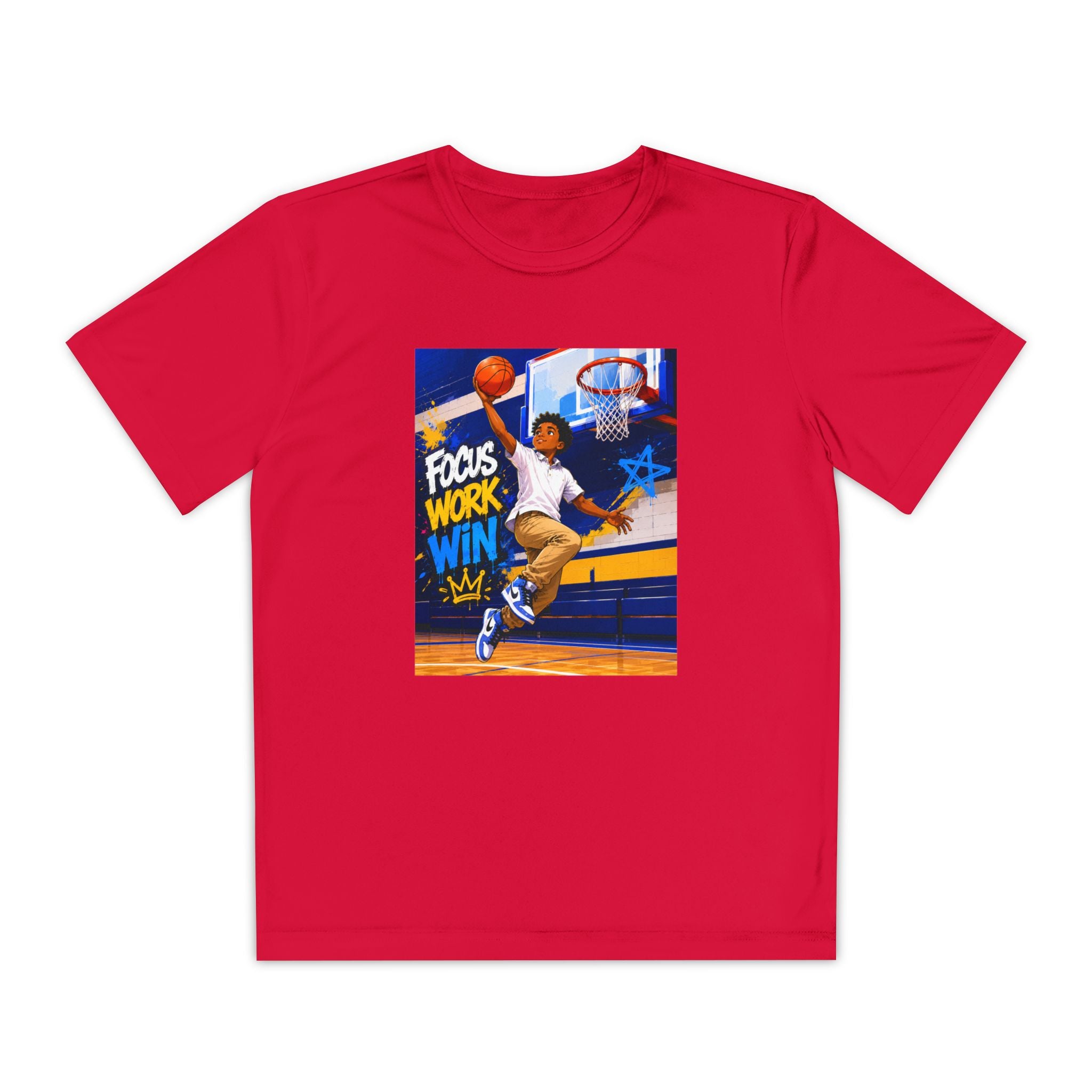 Youth Basketball Tee, Back to School — "Focus Work Win" Personalized Name Jersey
