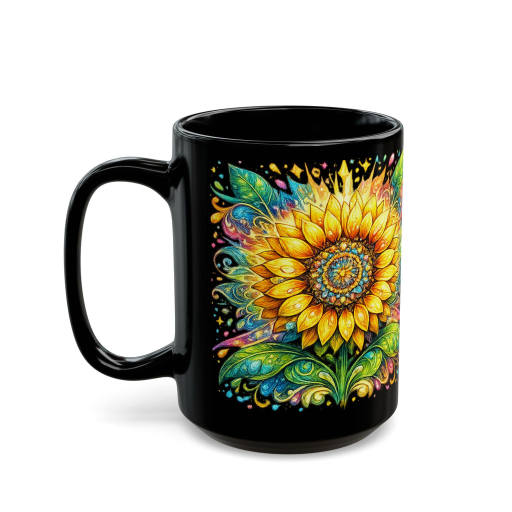 Sunflower Mandala Black Mug — Vibrant Floral Coffee Cup (11oz & 15oz)