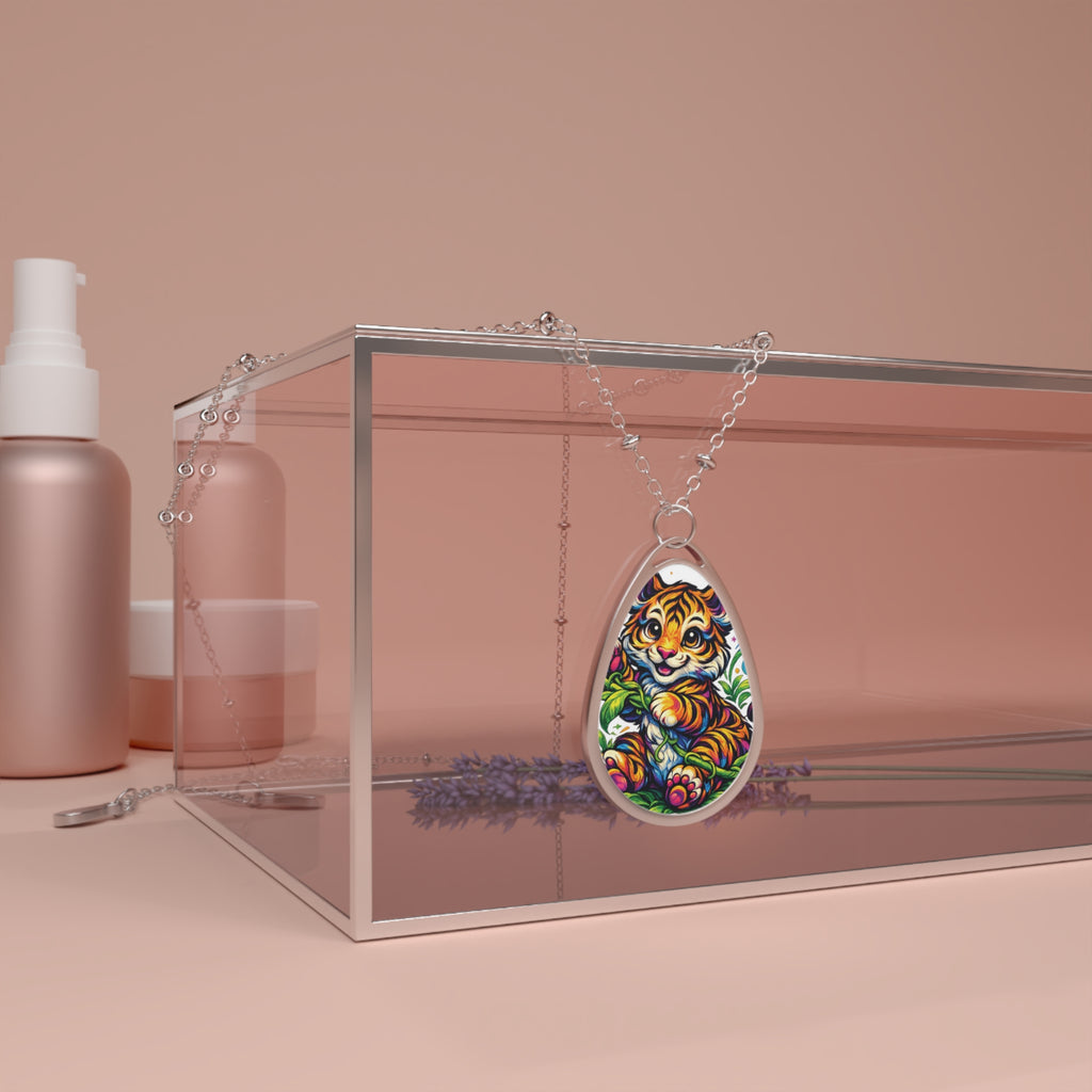 Oval Necklace — Colorful Tiger Teardrop Pendant Necklace
