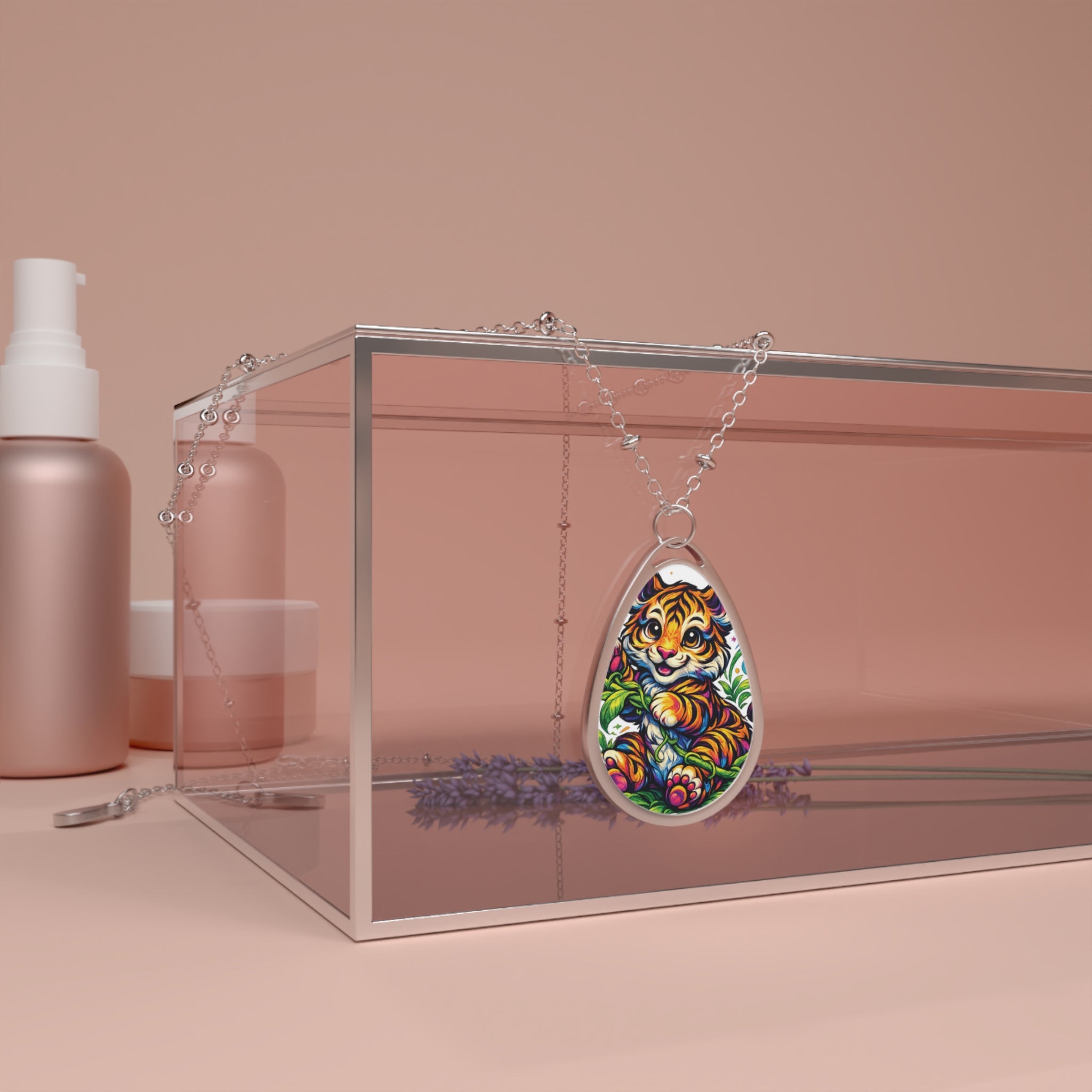 Oval Necklace — Colorful Tiger Teardrop Pendant Necklace