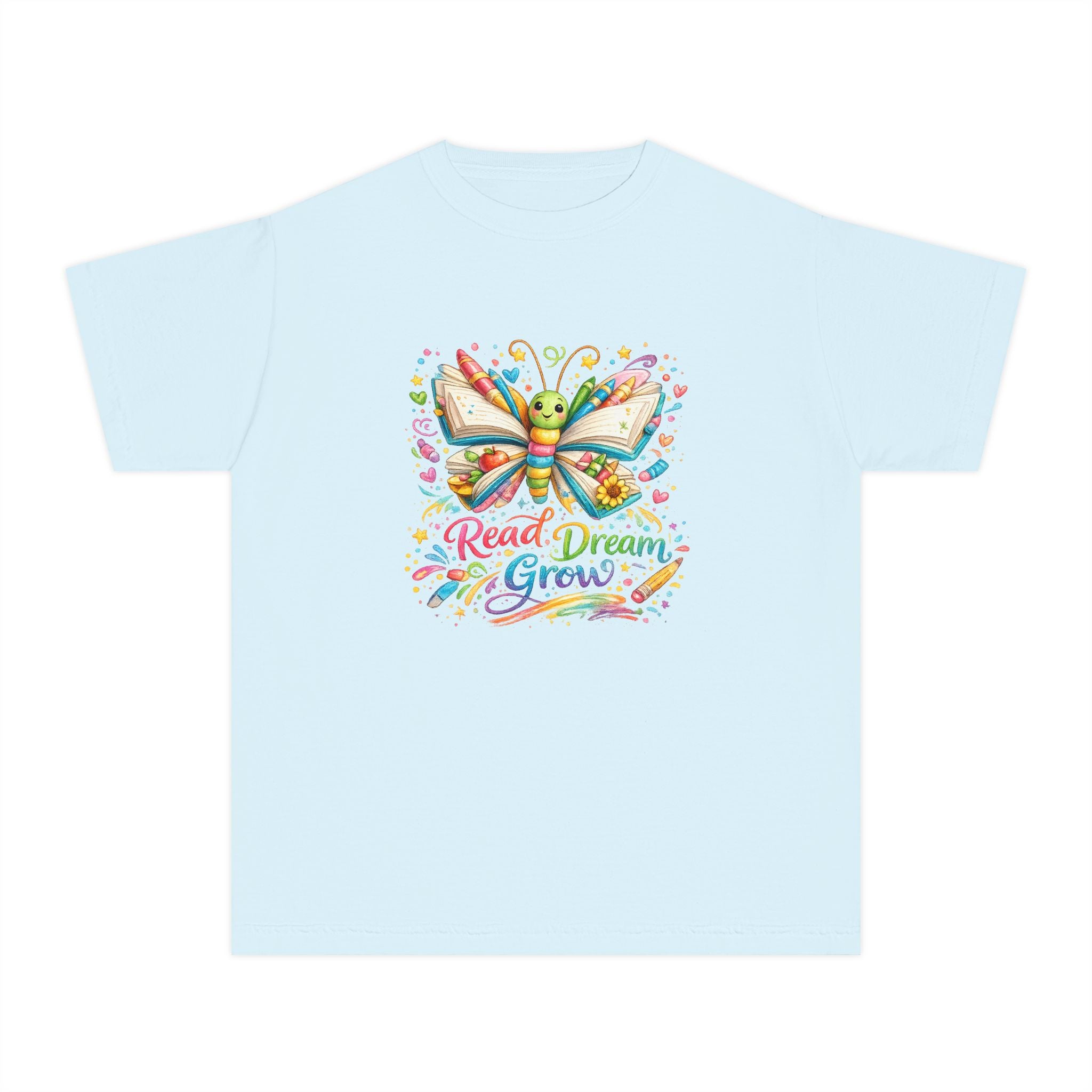 Youth Tee — Colorful Butterfly "Read Dream Grow" Kids Shirt