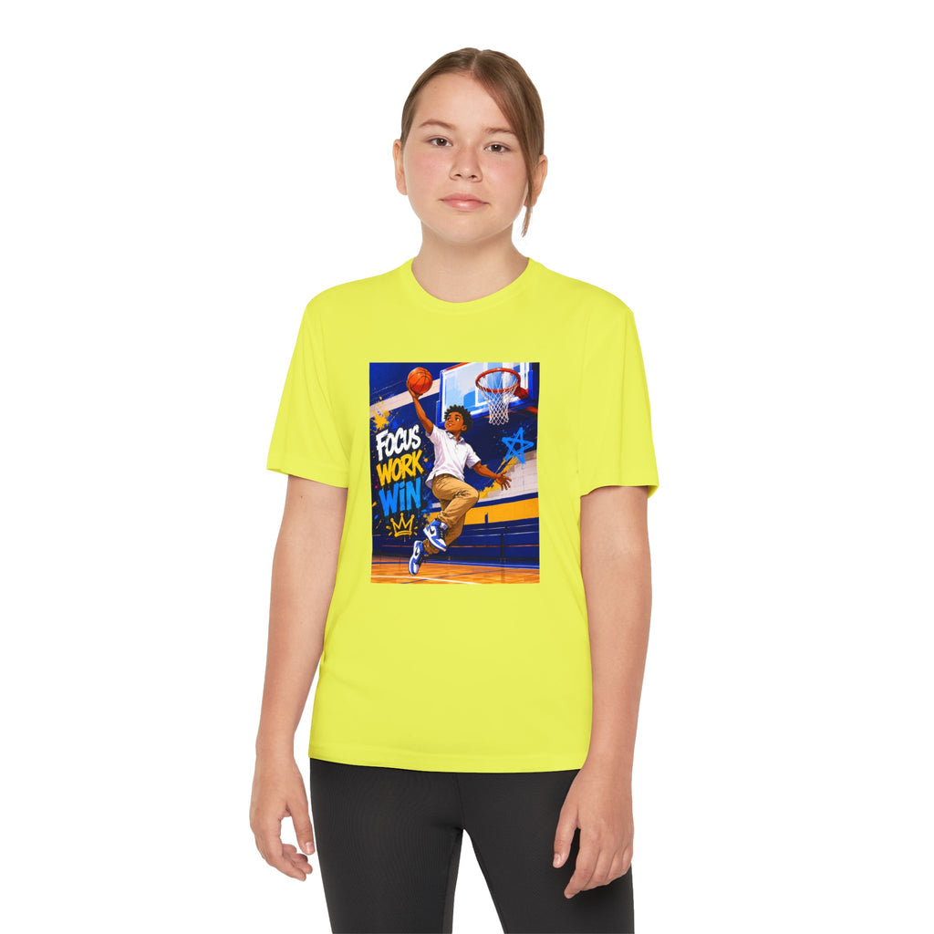 Youth Basketball Tee, Back to School — "Focus Work Win" Personalized Name Jersey