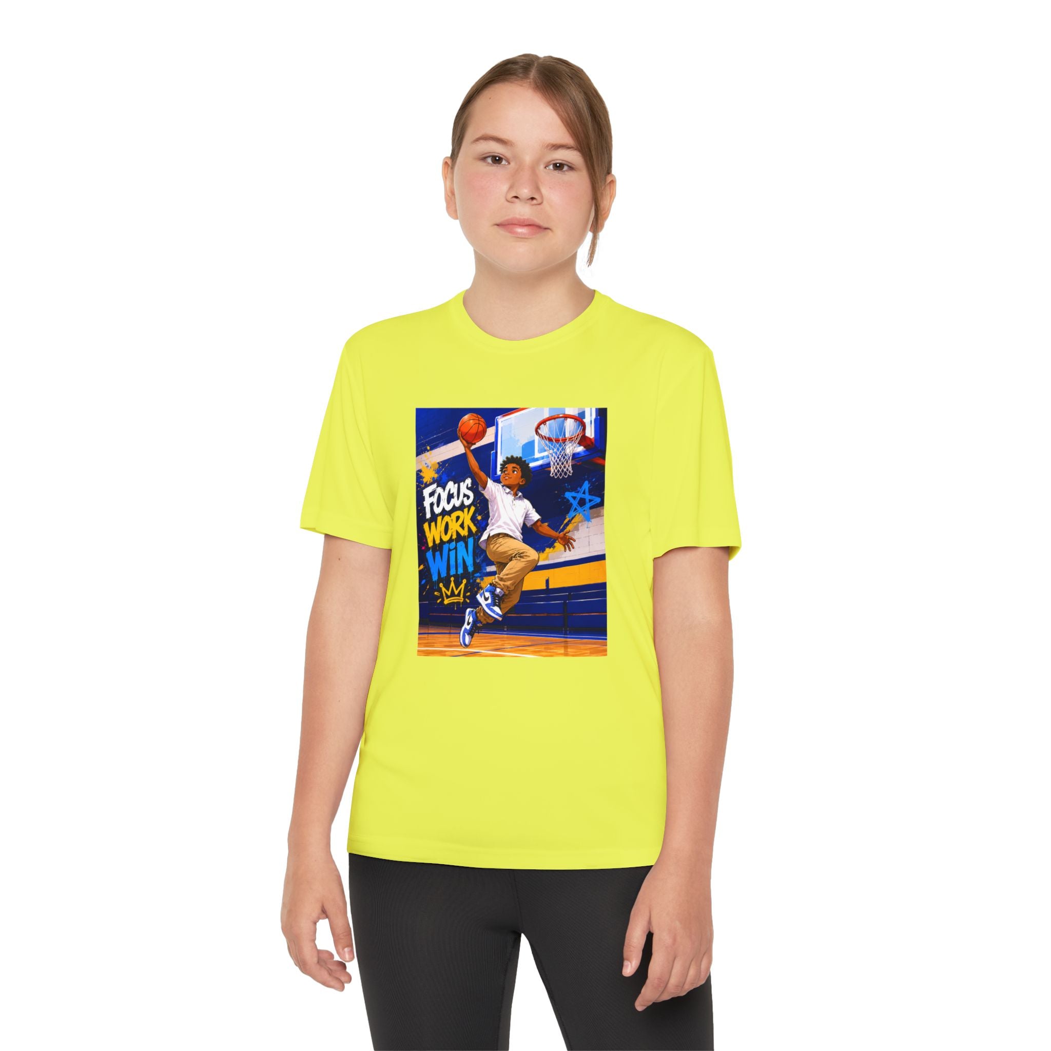 Youth Basketball Tee, Back to School — "Focus Work Win" Personalized Name Jersey