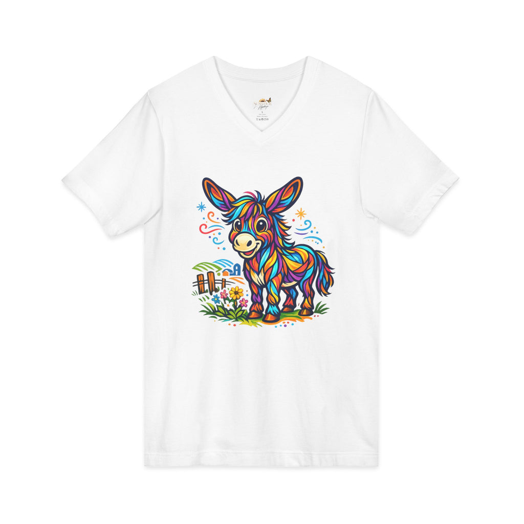 Colorful Donkey V-Neck Tee — Whimsical Farm Animal Graphic Shirt