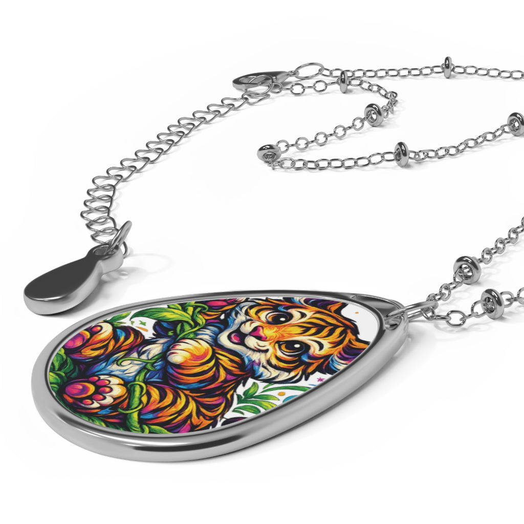 Oval Necklace — Colorful Tiger Teardrop Pendant Necklace