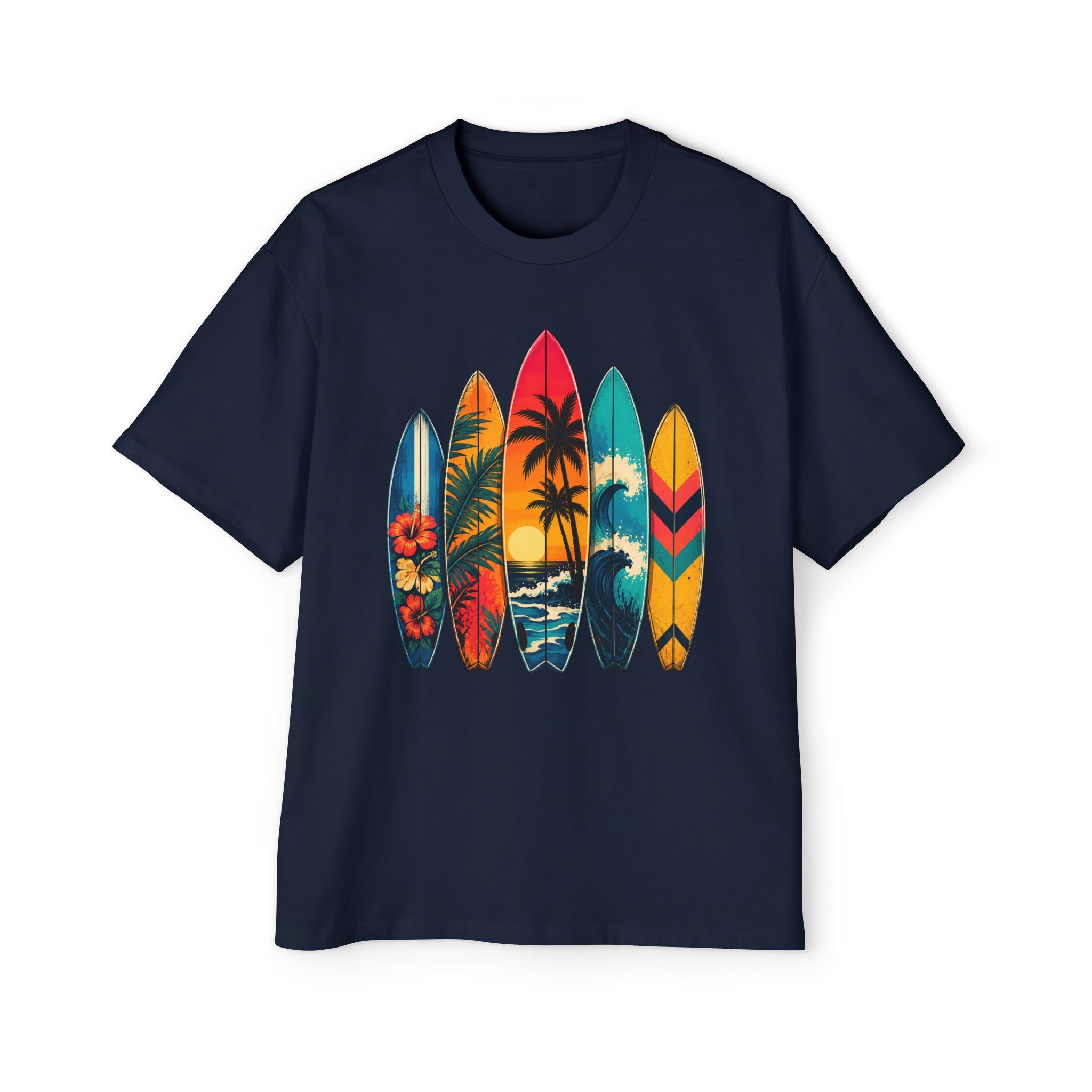Surfboard Graphic Tee — Vintage Tropical Beach Shirt for Men
