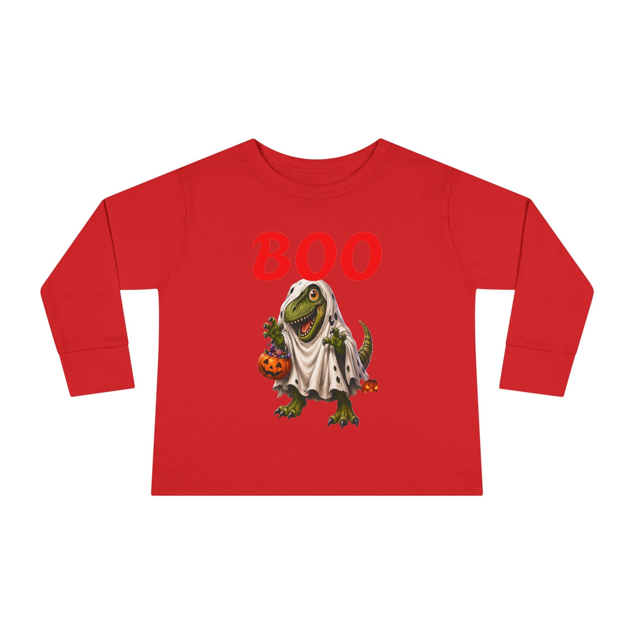 Halloween Toddler Long Sleeve Tee — Cute Dinosaur Ghost "BOO!" Halloween Shirt
