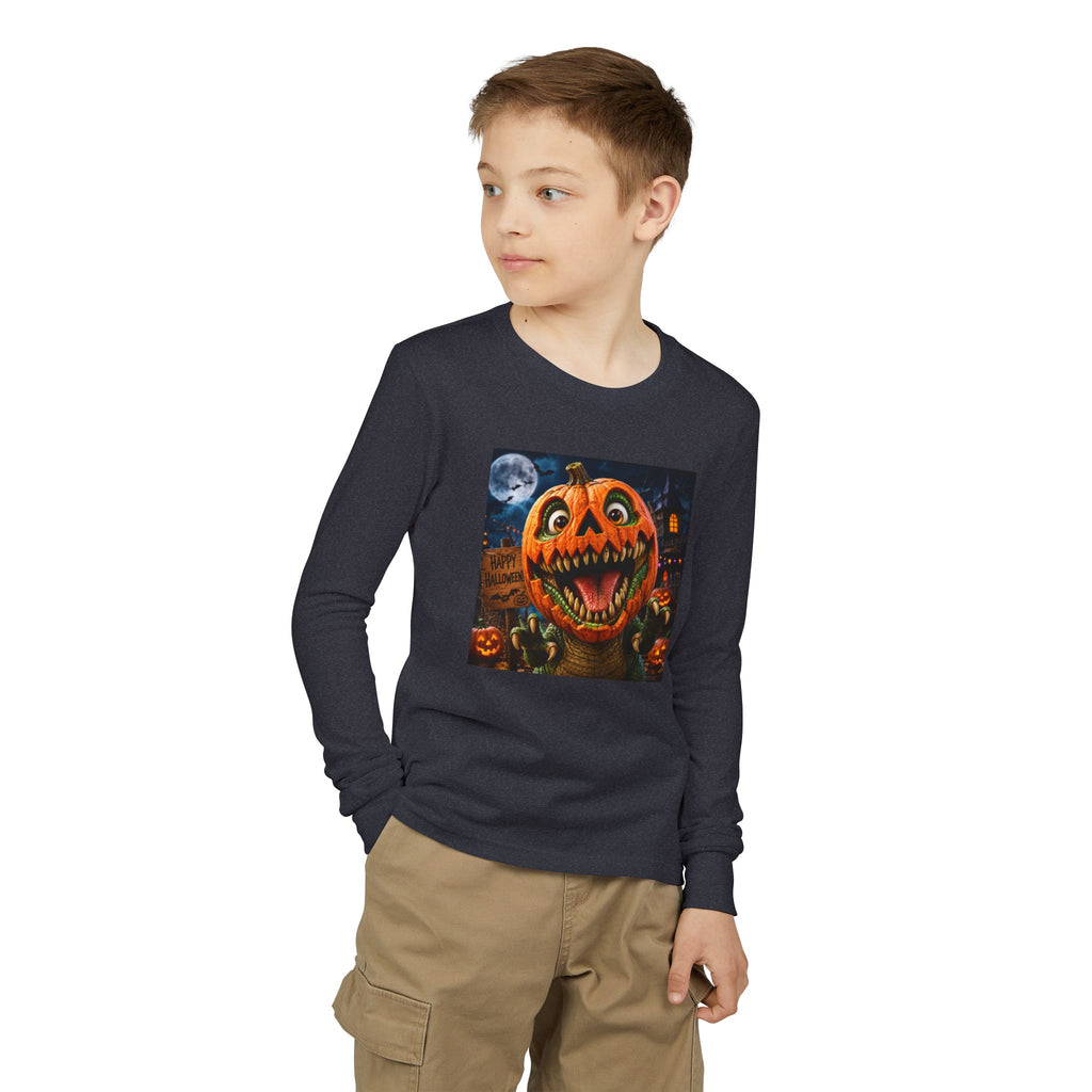 Youth Long Sleeve Tee — Spooky Dinosaur Jack-O'-Lantern Halloween Shirt (Custom Name)