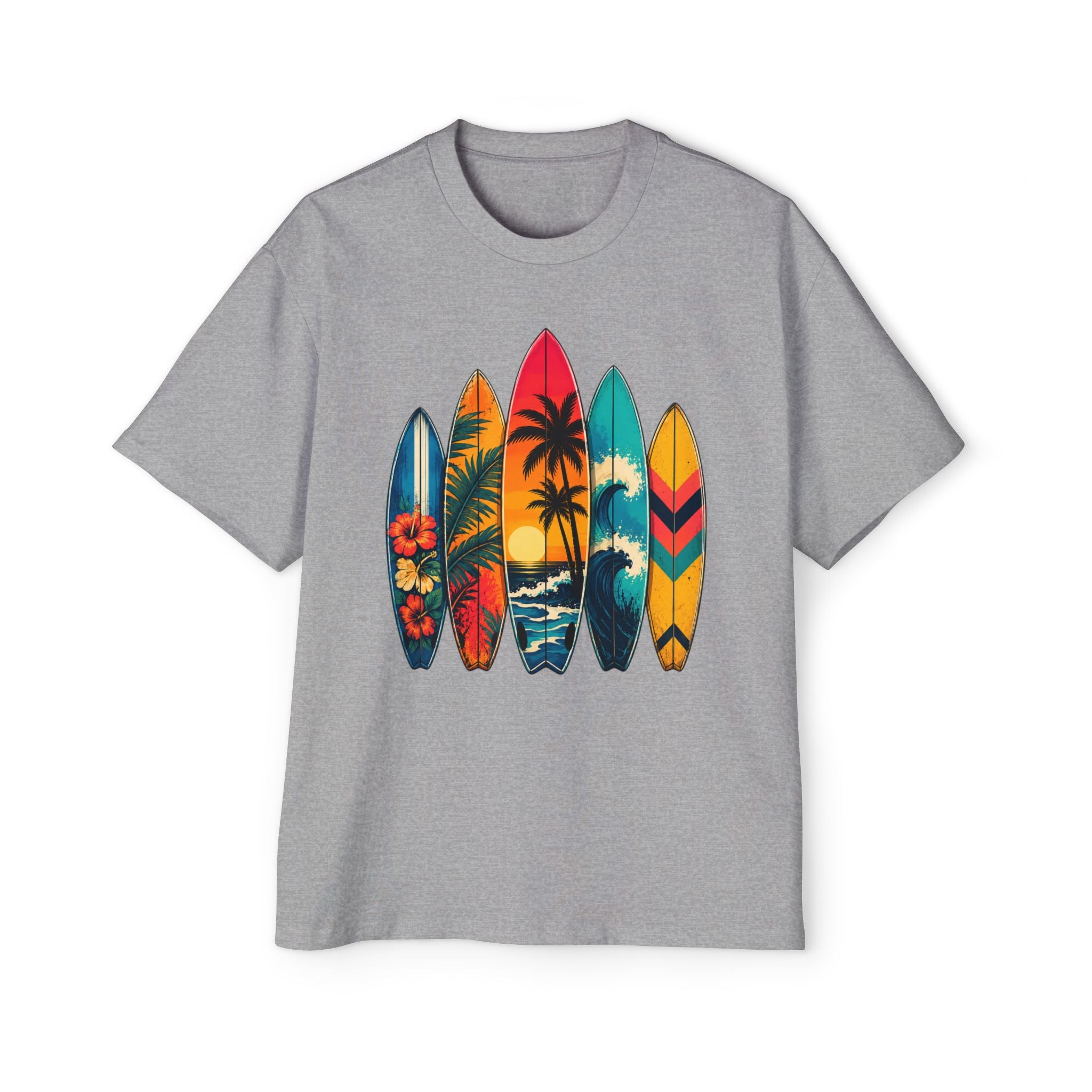 Surfboard Graphic Tee — Vintage Tropical Beach Shirt for Men