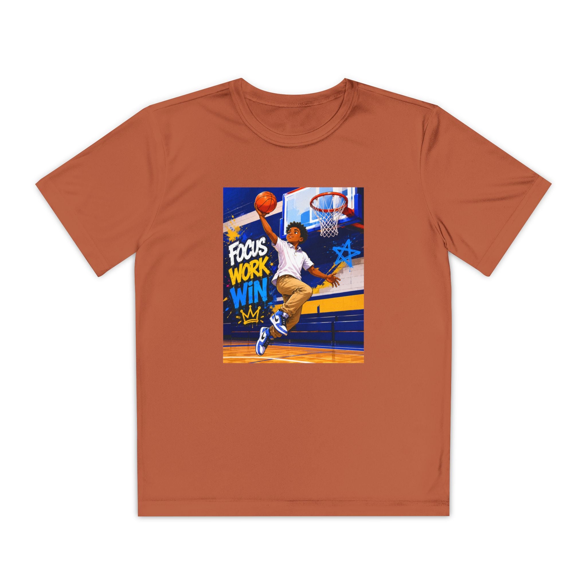 Youth Basketball Tee, Back to School — "Focus Work Win" Personalized Name Jersey