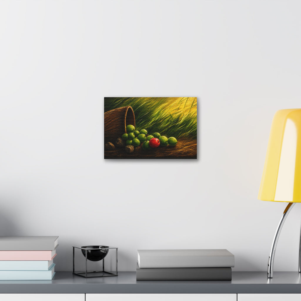 Still Life Canvas Print – Rustic Fallen Basket with Green and Red Fruit, Stretched 1.5"
