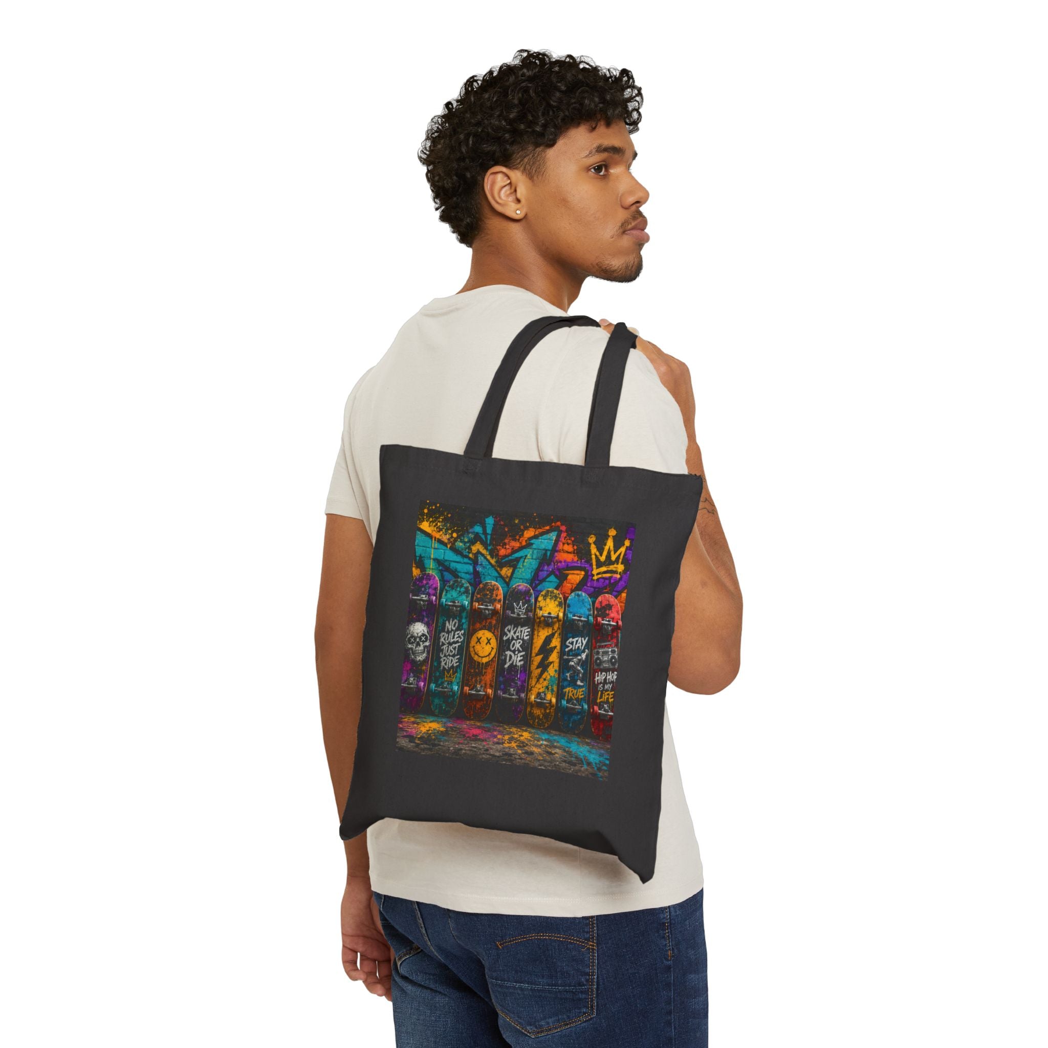 Graffiti Skateboard Canvas Tote Bag — Urban Street Art Reusable Shopper
