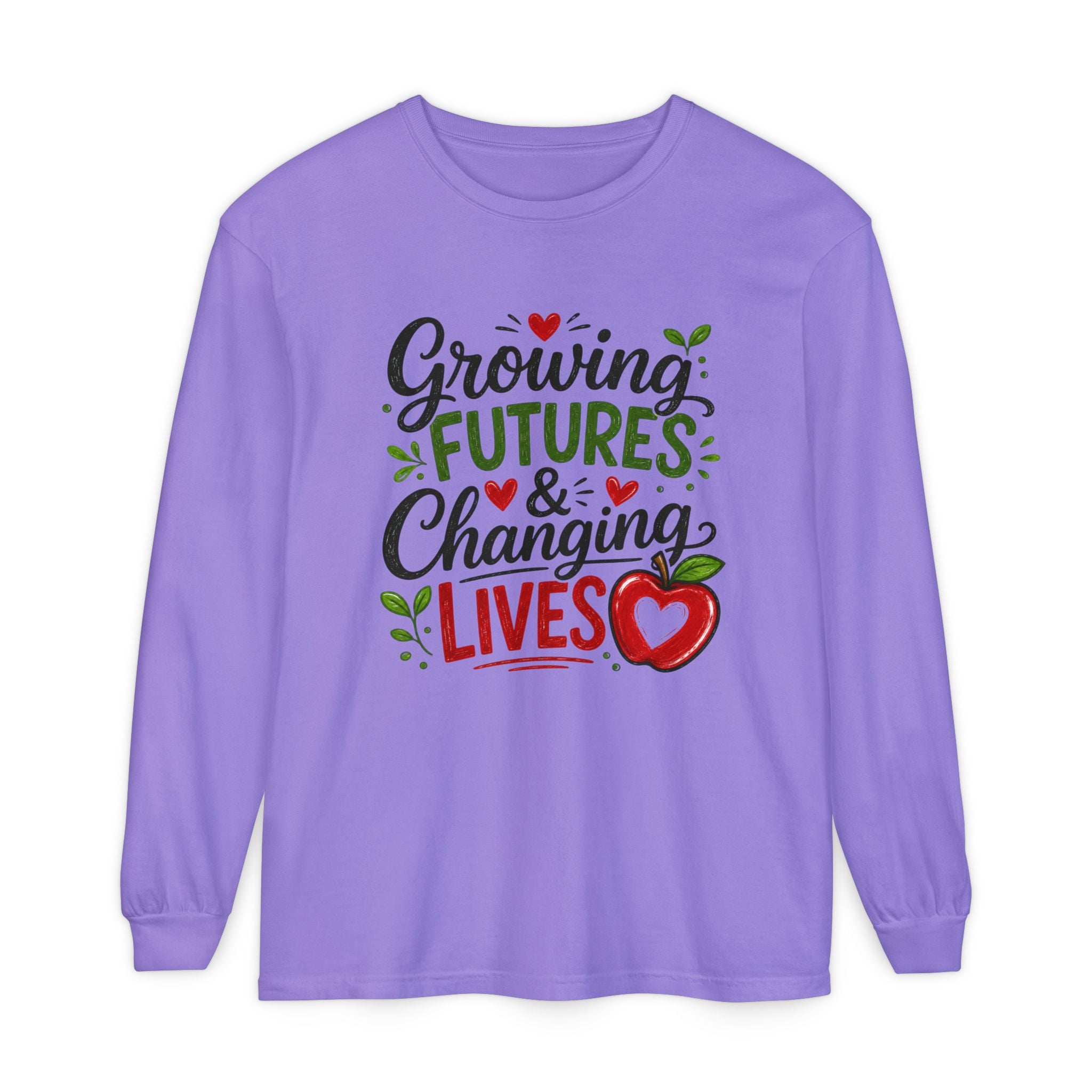 Growing Futures & Changing Lives Long Sleeve Tee — Teacher Appreciation Apple Design