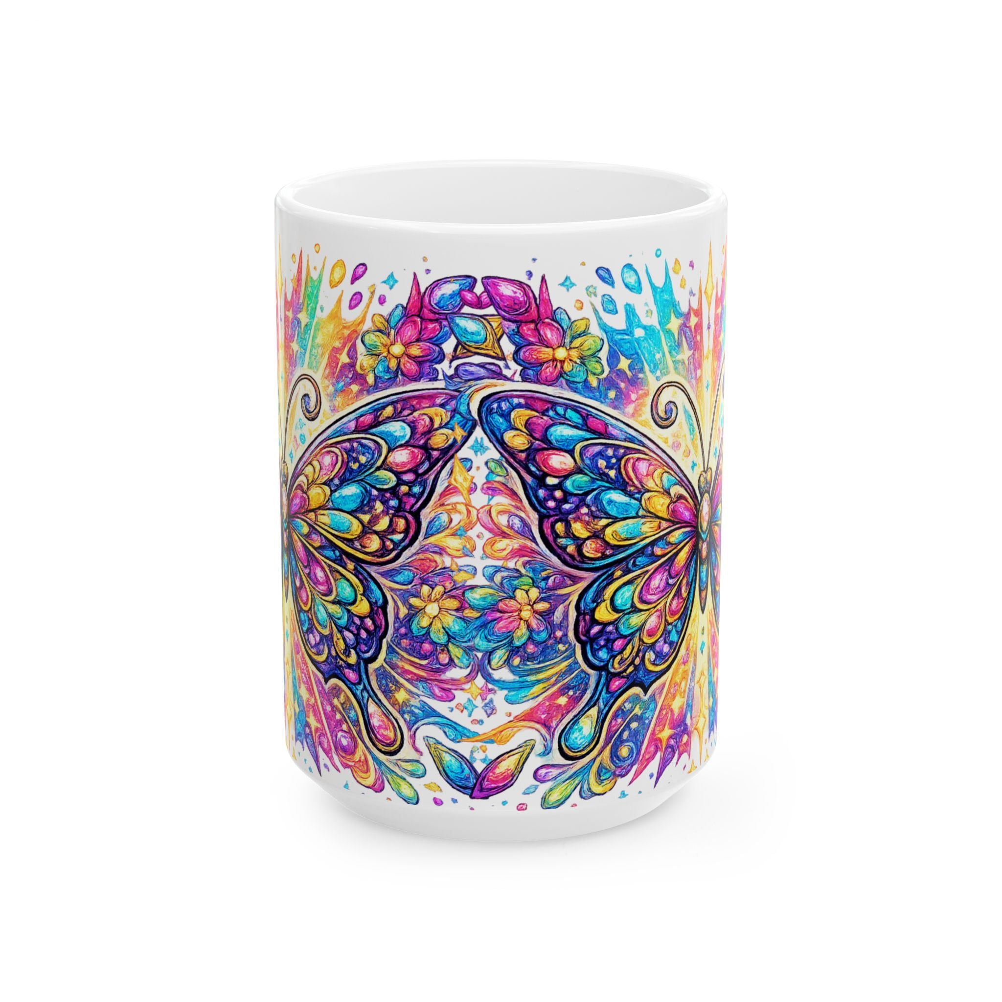 Colorful Butterfly Ceramic Mug — Vibrant Floral Boho 11oz/15oz