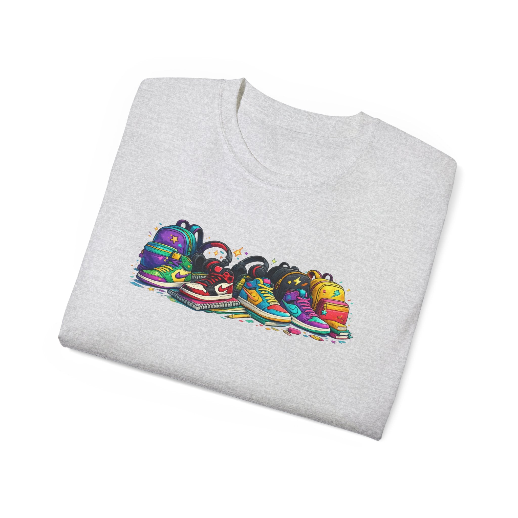 Colorful Sneaker Stack Tee — Graphic Shoe & Backpack Illustration T‑Shirt
