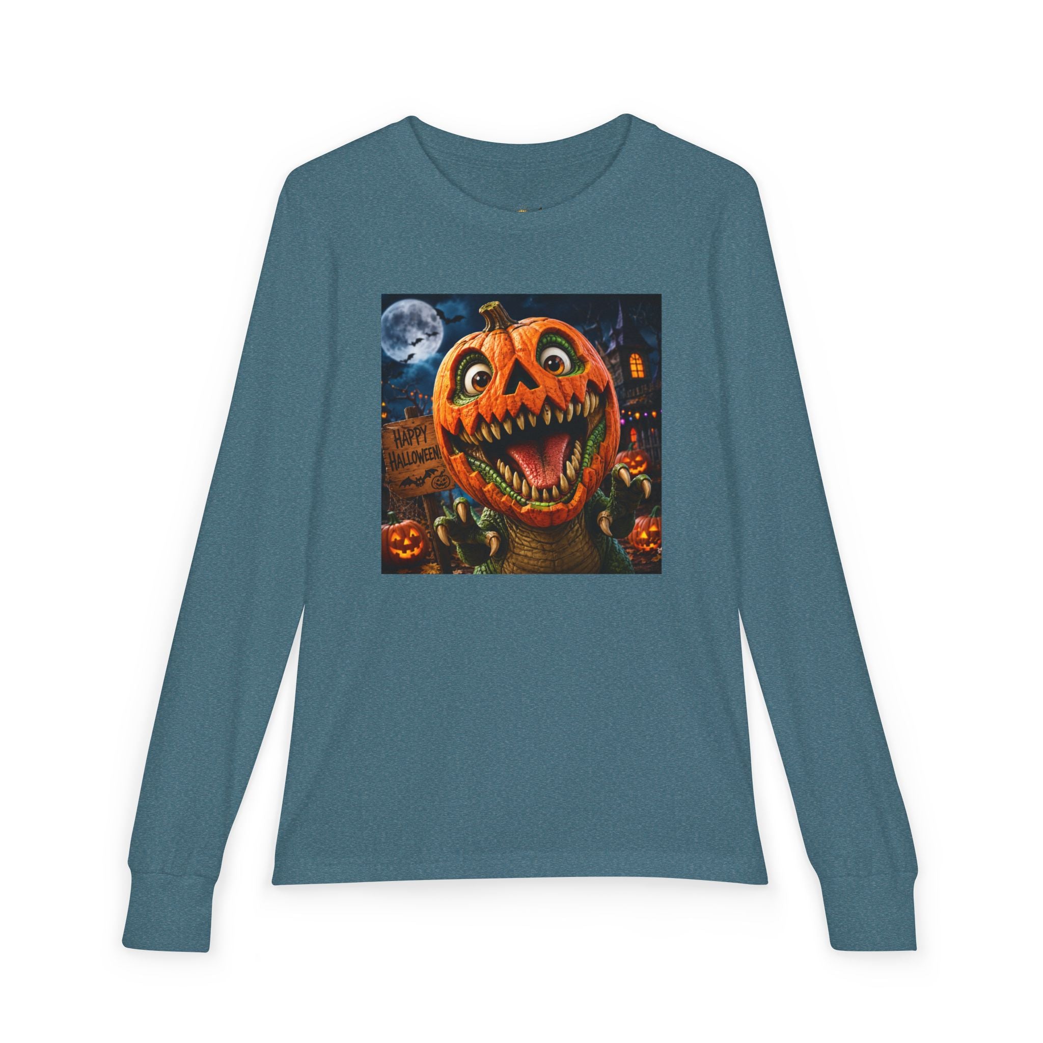 Youth Long Sleeve Tee — Spooky Dinosaur Jack-O'-Lantern Halloween Shirt (Custom Name)