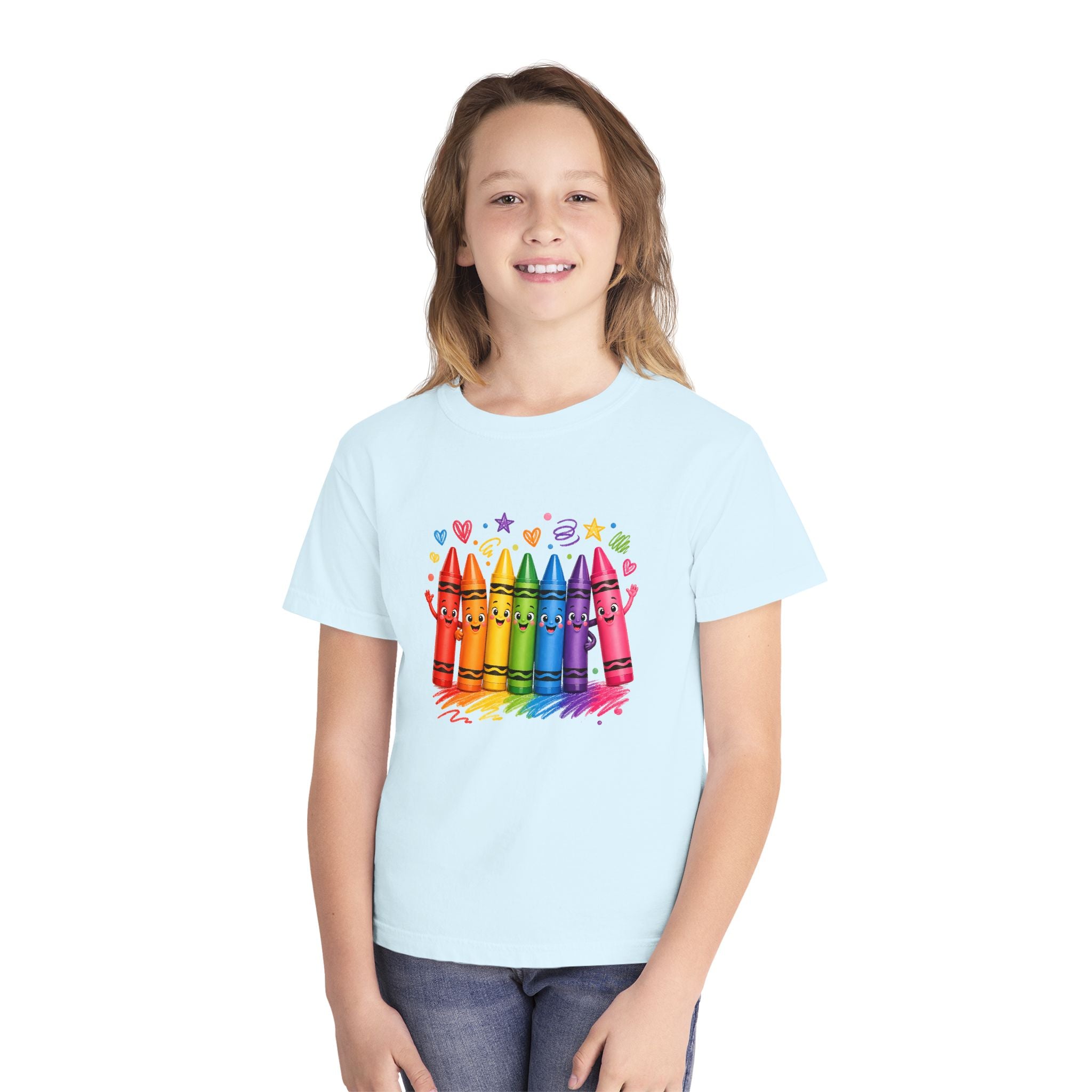 Crayon Crew Kids T‑Shirt — Colorful Rainbow Crayon Friends Tee