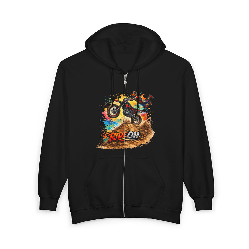 Motorbike Zip Hoodie - 'Ride On' Dirt Bike Graphic Full-Zip Sweatshirt