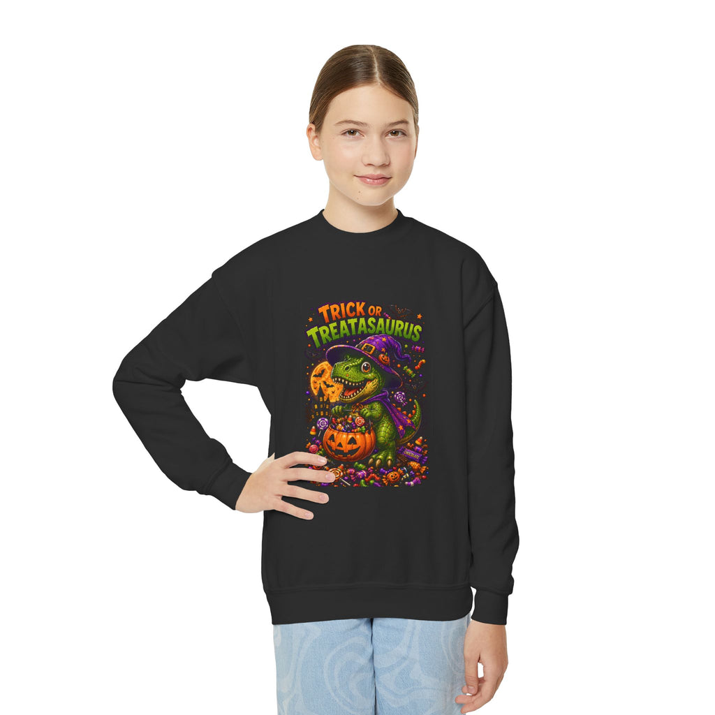Youth Halloween Sweatshirt — "Trick or Treatasaurus" Dino Pumpkin Crewneck