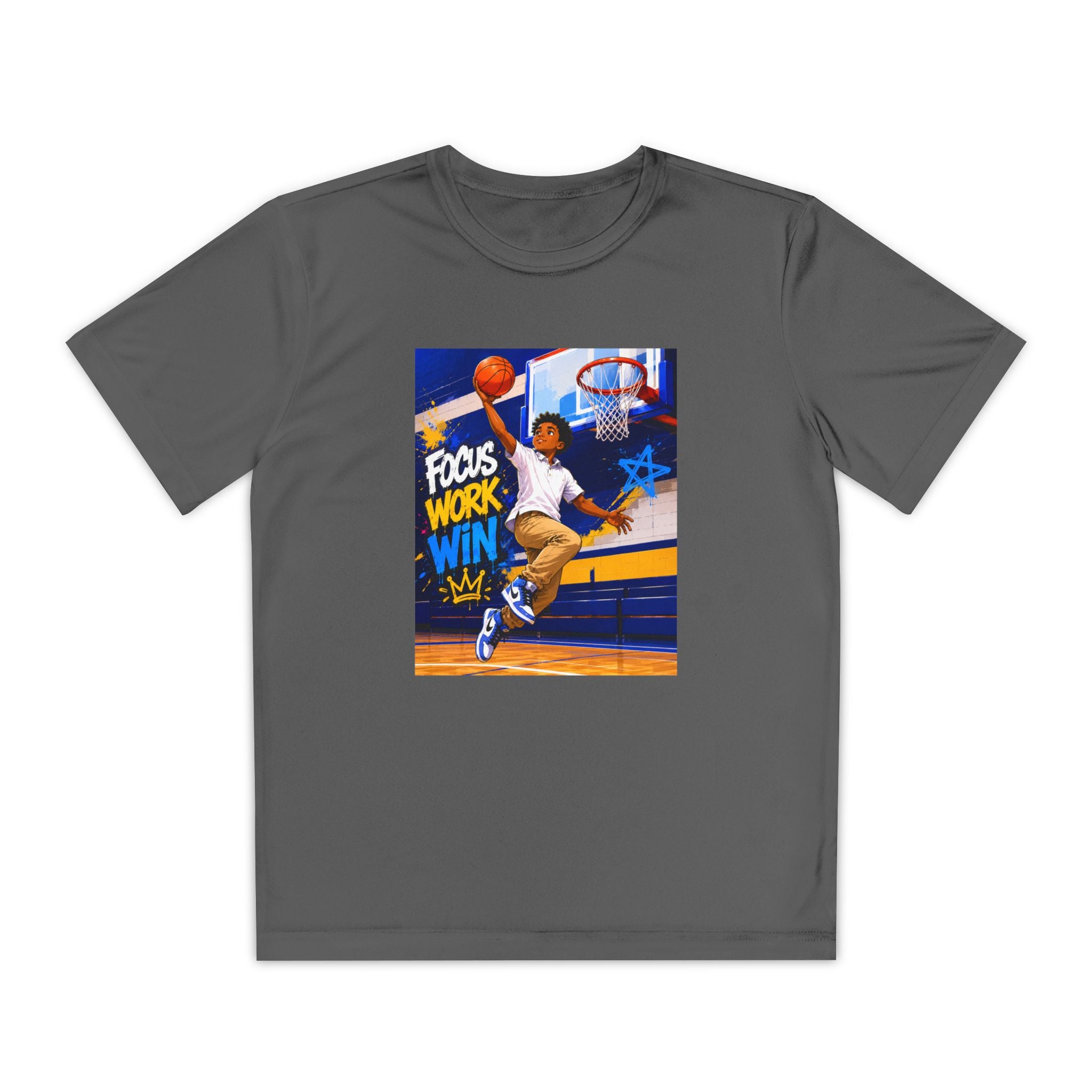 Youth Basketball Tee, Back to School — "Focus Work Win" Personalized Name Jersey