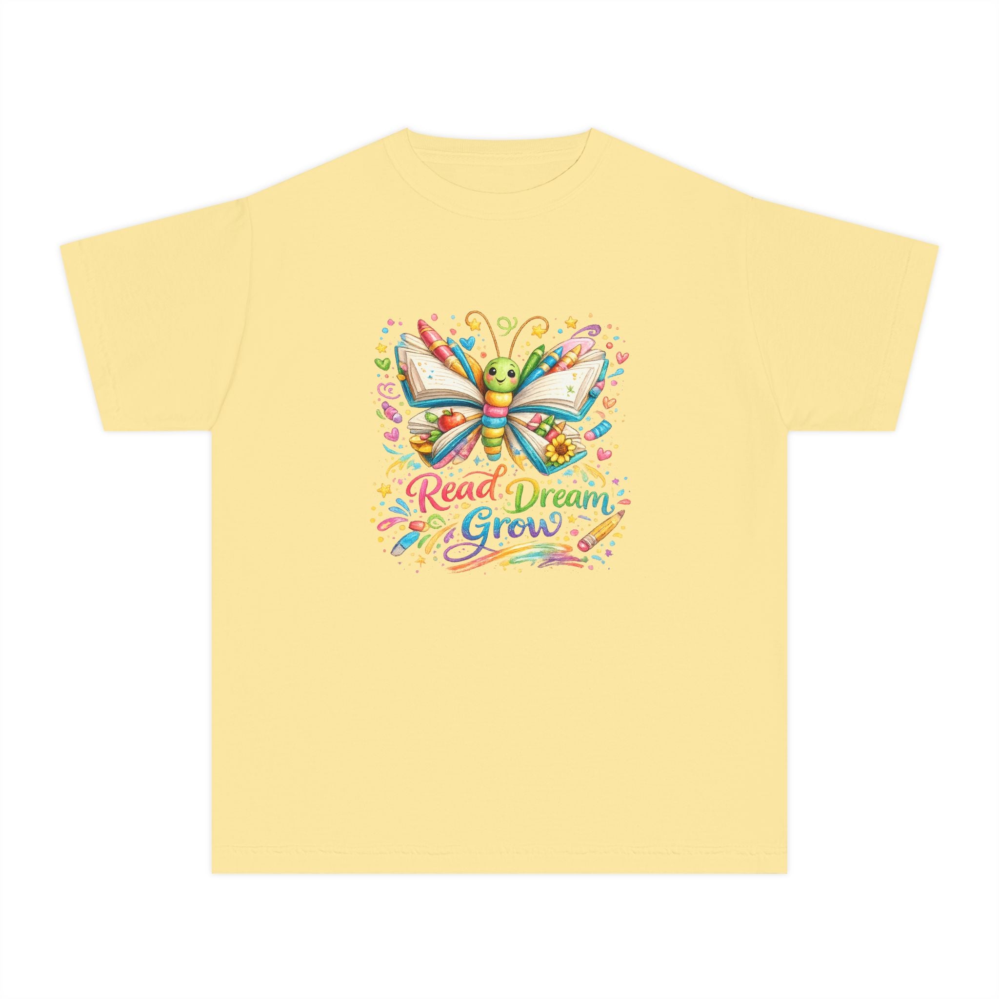 Youth Tee — Colorful Butterfly "Read Dream Grow" Kids Shirt