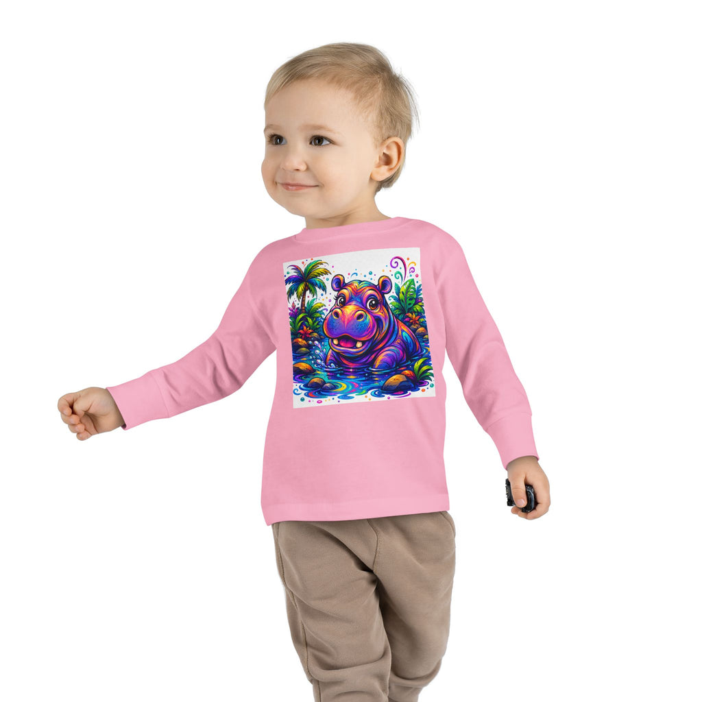 Colorful Hippo Toddler Long Sleeve Tee — Vibrant Jungle Animal Shirt for Kids
