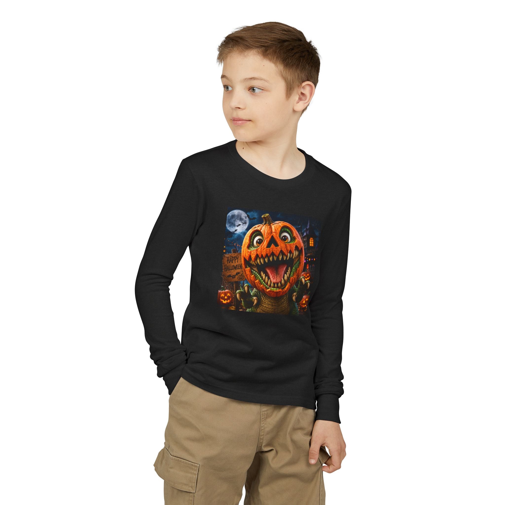 Youth Long Sleeve Tee — Spooky Dinosaur Jack-O'-Lantern Halloween Shirt (Custom Name)