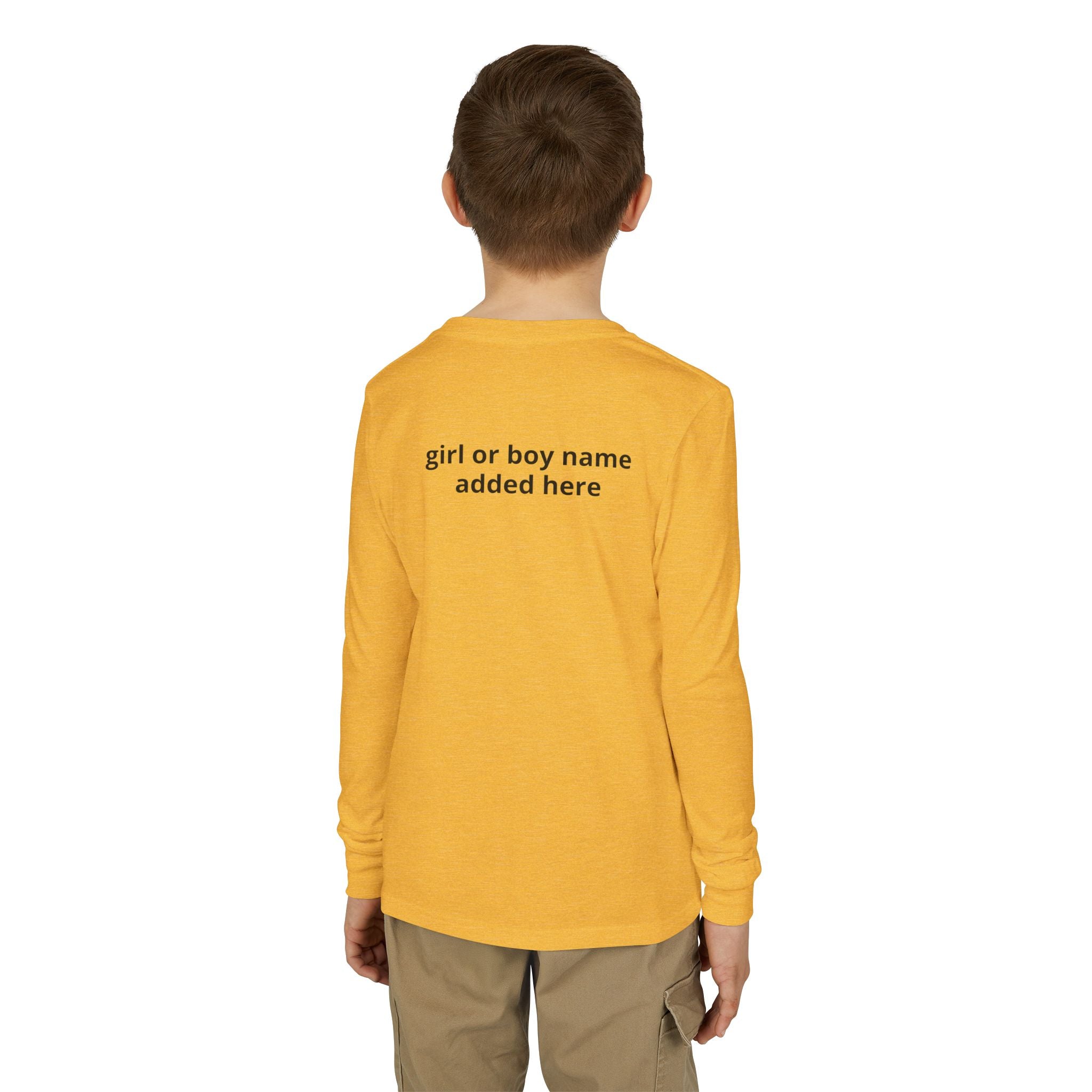 Youth Long Sleeve Tee — Spooky Dinosaur Jack-O'-Lantern Halloween Shirt (Custom Name)