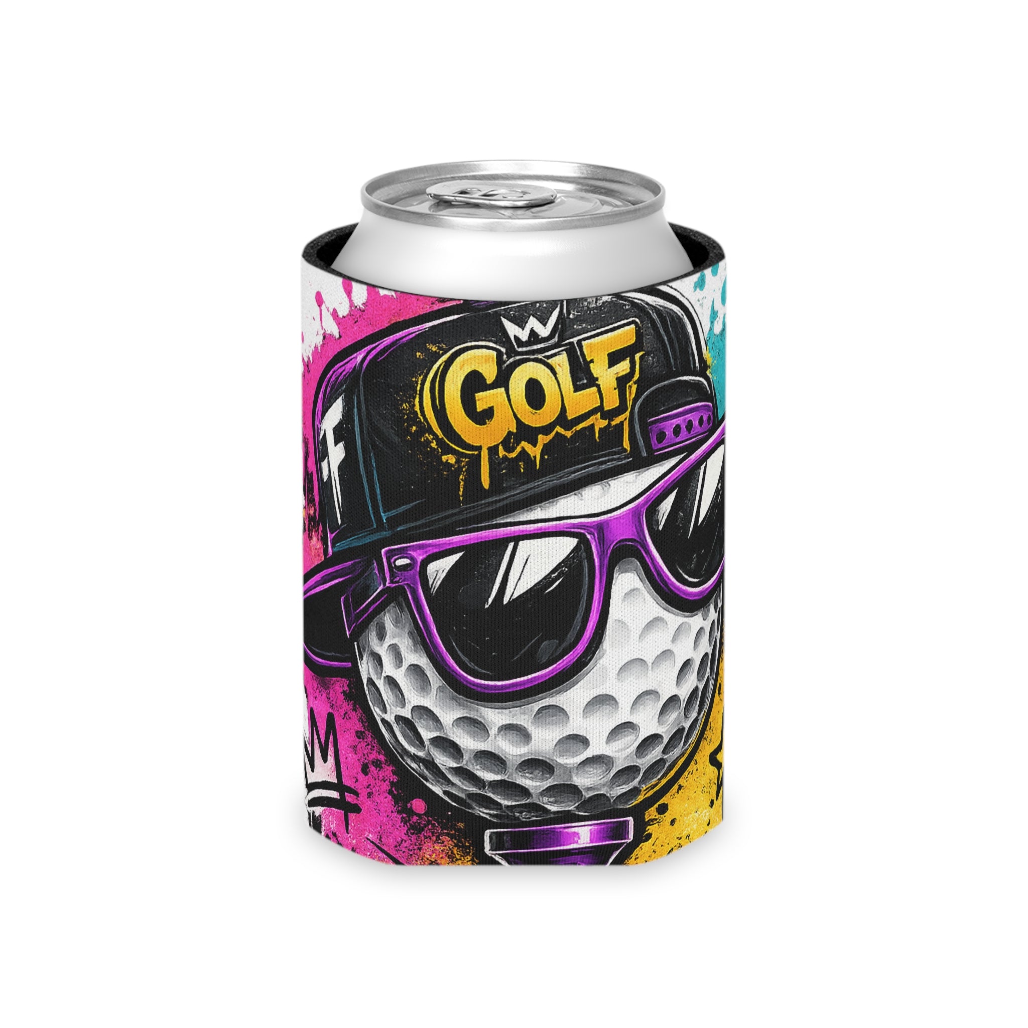 Golf Ball Graffiti Can Cooler — Colorful Retro Golf Koozie