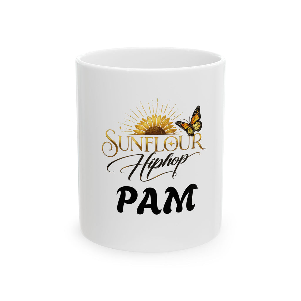 Sunflower & Butterfly Personalized Mug — 'Sunflour Hiphop PAM' Ceramic Coffee Cup (11oz/15oz)