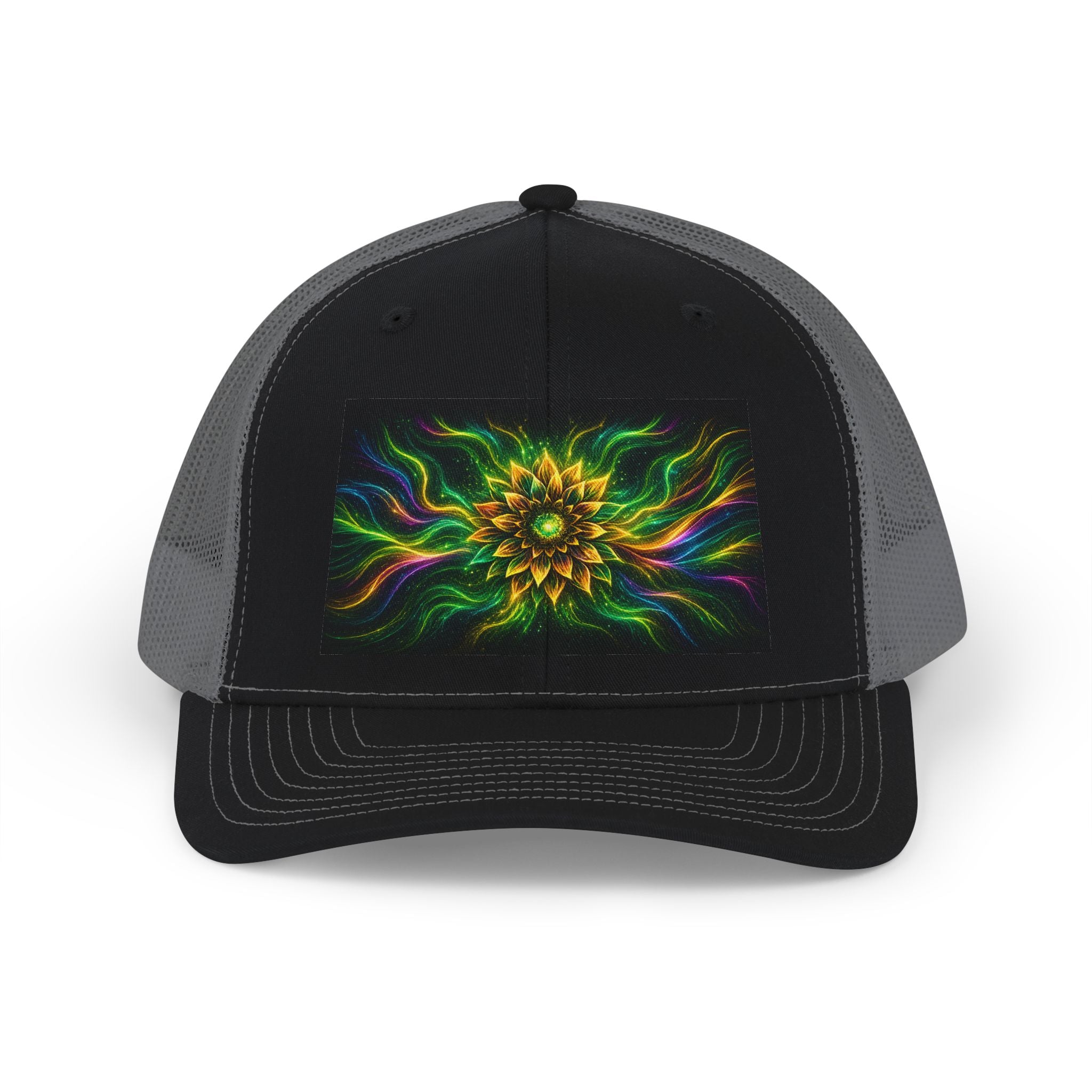 Psychedelic Sunflower Trucker Hat — Vibrant Floral Mandala Snapback