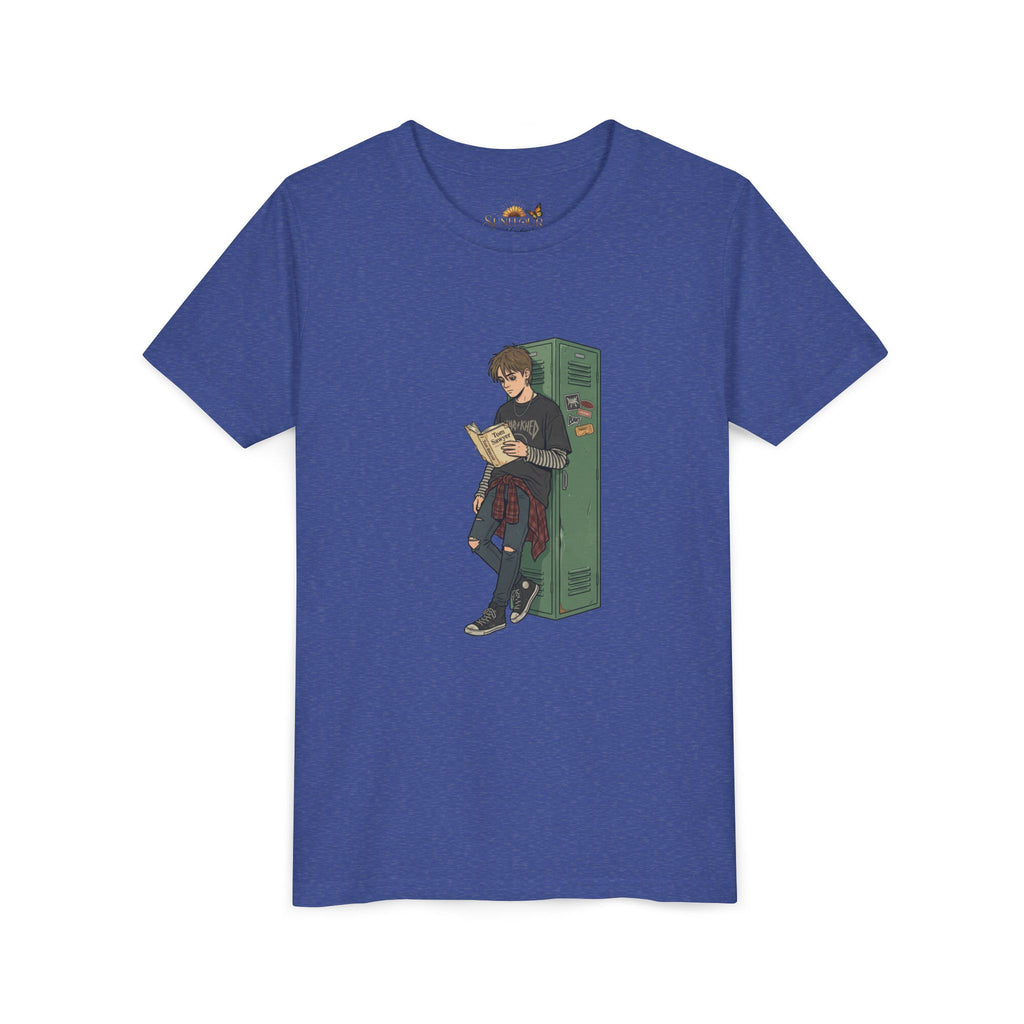 Youth Graphic Tee — Teen Boy Reading by Locker Illustration