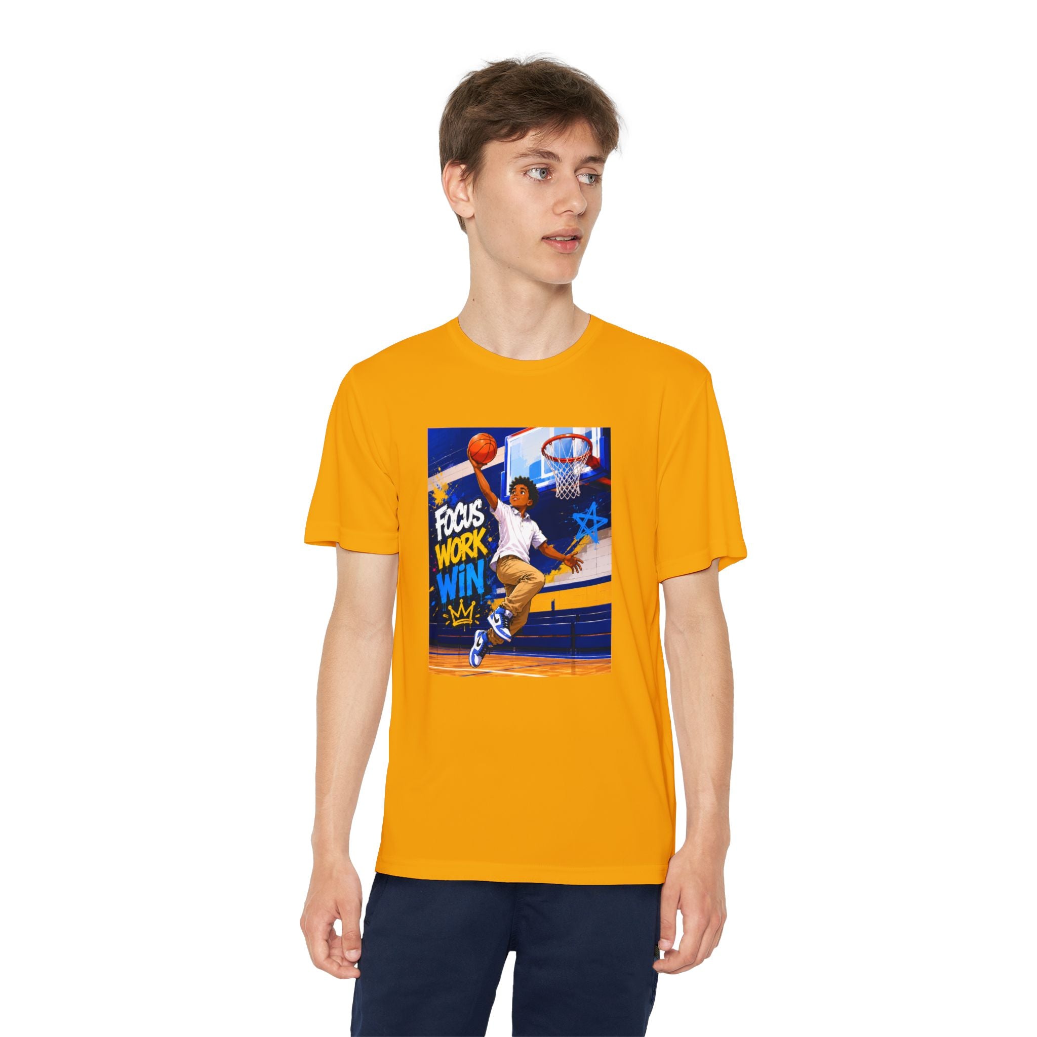 Youth Basketball Tee, Back to School — "Focus Work Win" Personalized Name Jersey