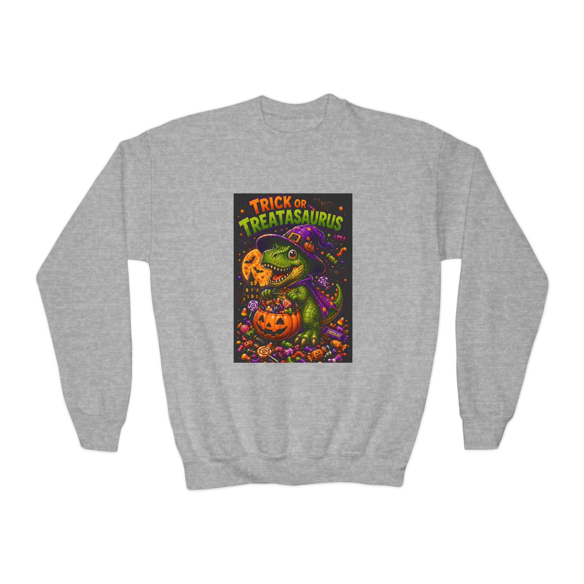 Youth Halloween Sweatshirt — "Trick or Treatasaurus" Dino Pumpkin Crewneck